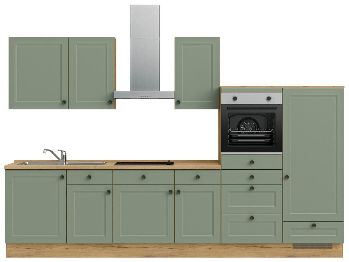 Küchenblock Cascada Low m. Geräten Schilfgrün - Schilfgrün/Eichefarben, MODERN, Holzwerkstoff/Metall (330cm) - Nobilia