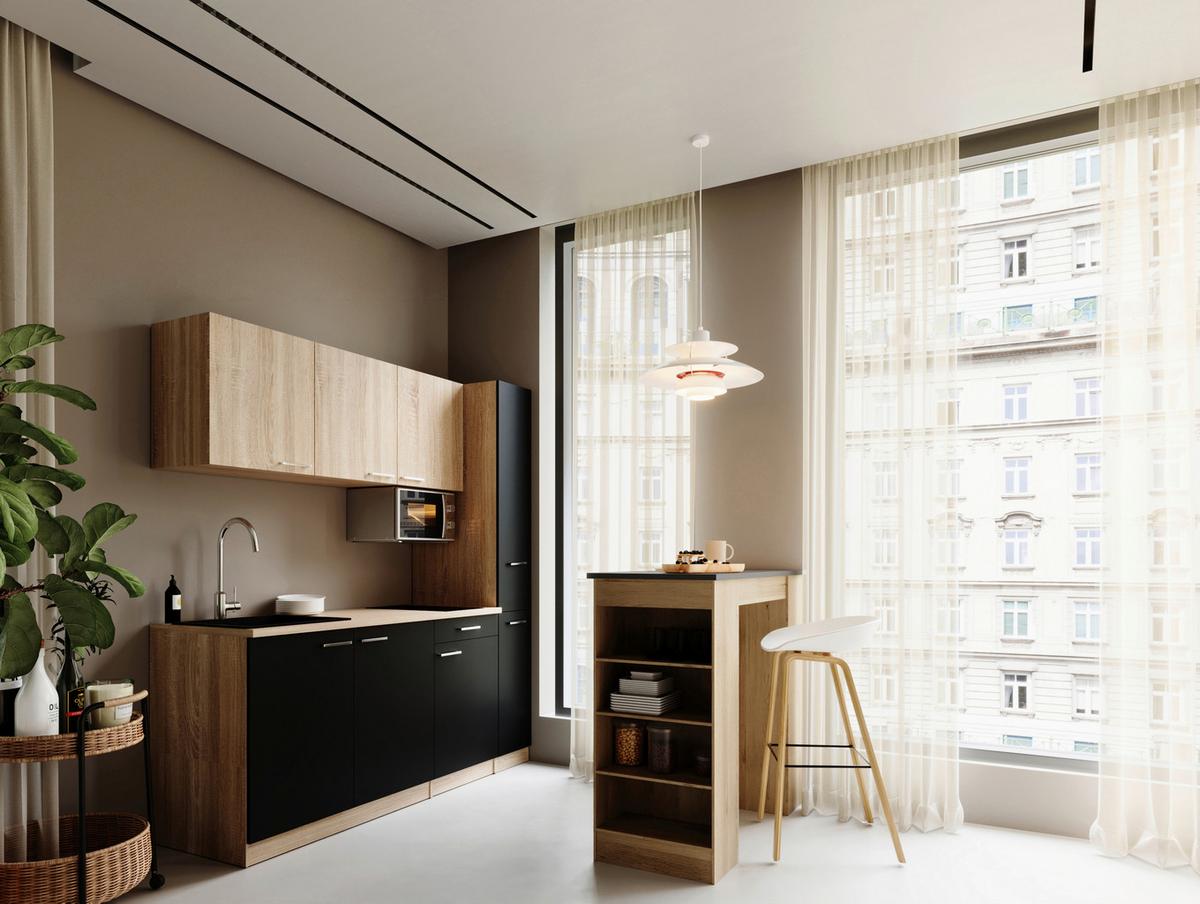 Küchenblock Ingrid m. Geräten Schwarz - Eichefarben/Schwarz, Design, Holzwerkstoff/Kunststoff (180cm) - Respekta