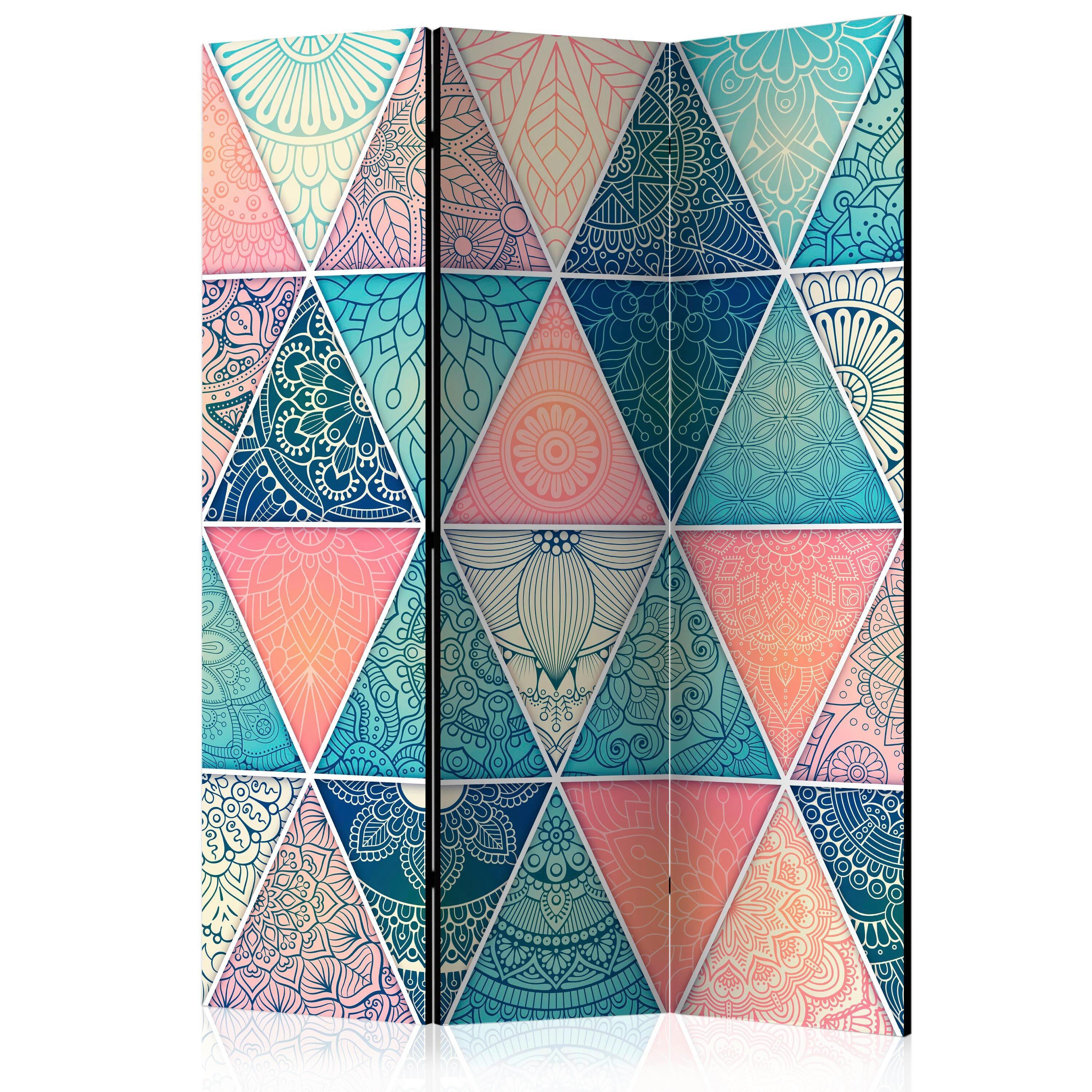 Paravan Oriental Triangles, 3-Delni, Dvostranski - turkizna/večbarvno, Basics, tekstil/les (135/172/3cm) - artgeist