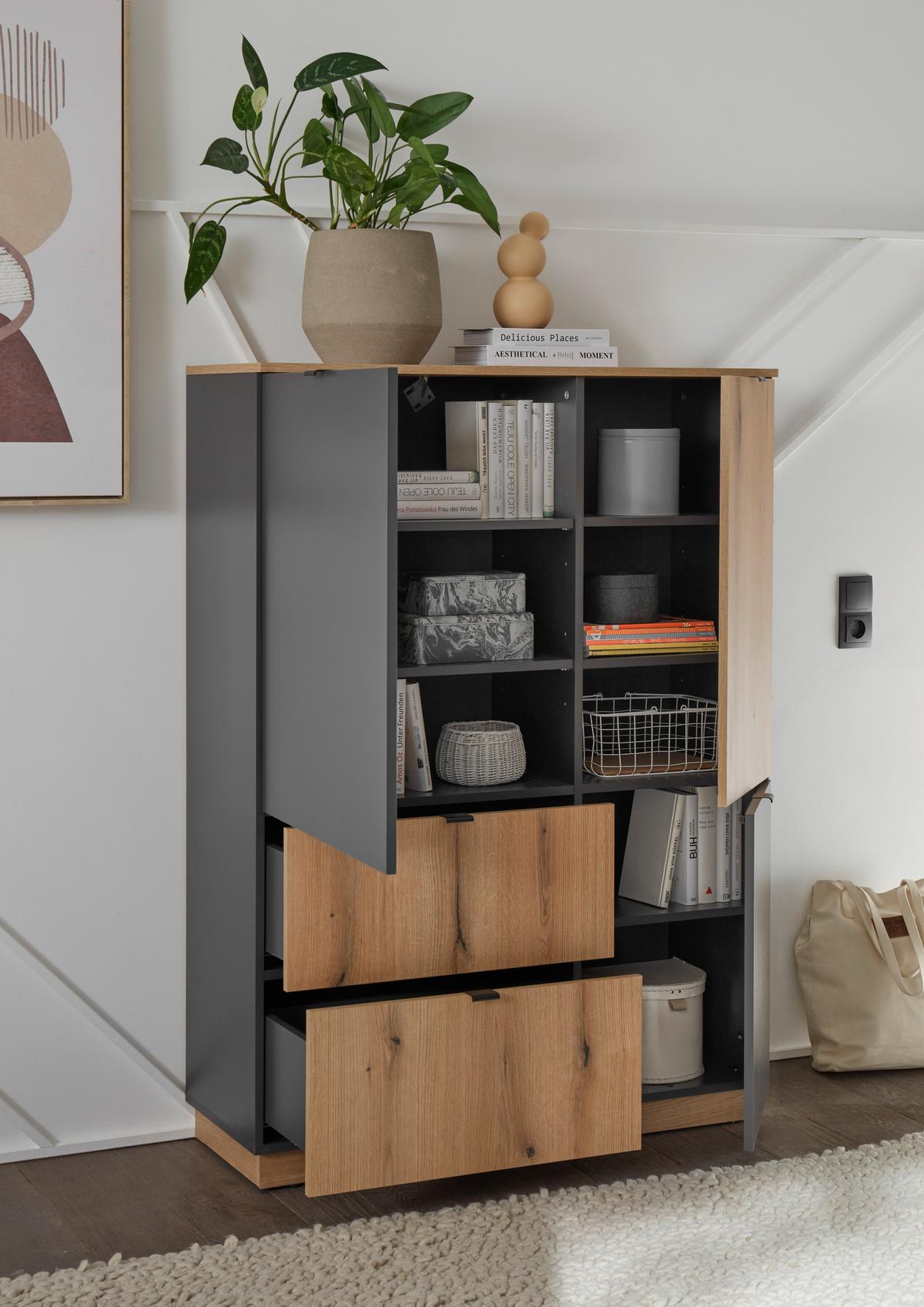 Visoka Komoda Vince Ii, Antracit, Barva Hrasta - črna/barve hrasta, Trend, umetna masa/leseni material (103/142/38cm) - Livetastic