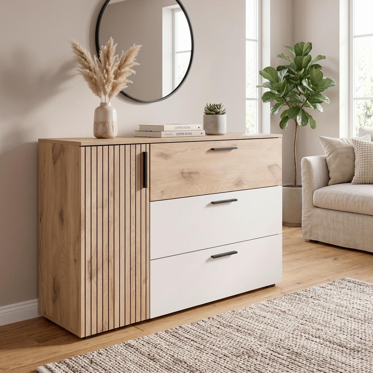 Široka Komoda Daria, Bela, Barva Hrasta - črna/barve hrasta, Moderno, umetna masa/leseni material (125/82,6/40cm) - Hom`in