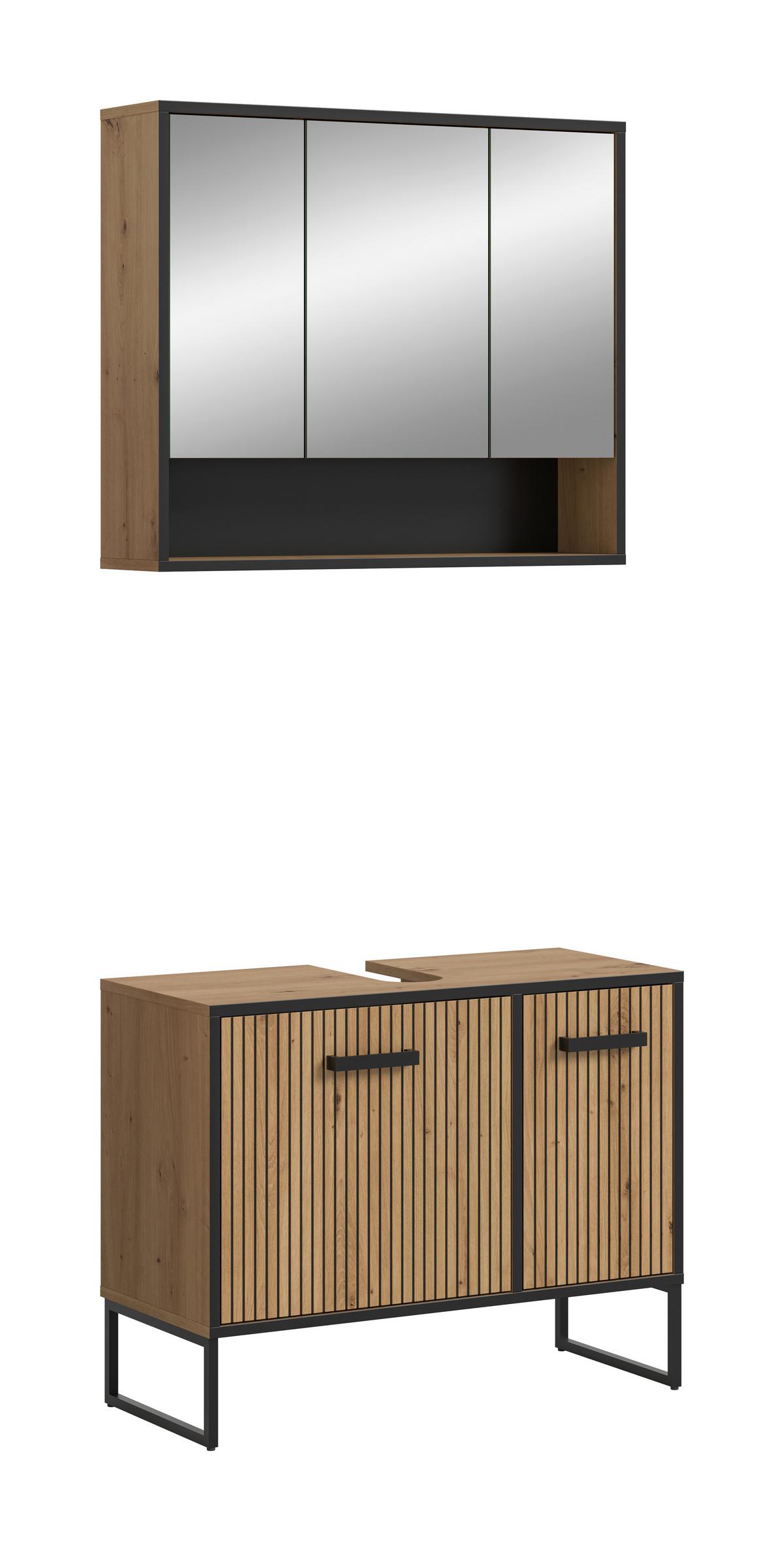 Badezimmer Bagno 2-tlg. Eiche Artisan/Schwarz - Schwarz/Eiche Artisan, Trend, Holzwerkstoff/Kunststoff (80cm) - MID.YOU