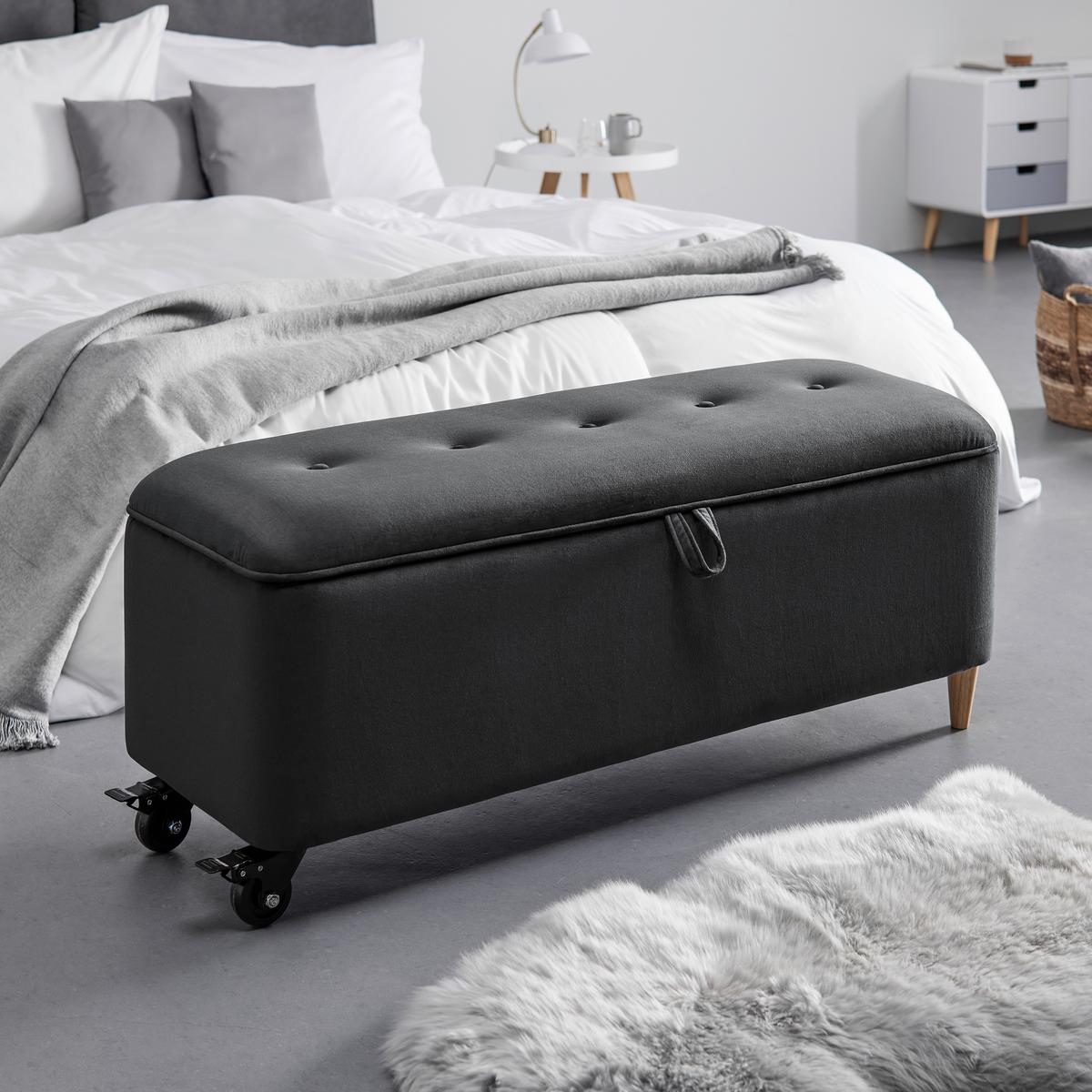 ŁAWKA DO ŁÓŻKA ELLA - kolor naturalny/ciemnoszary, Modern, drewno/tkanina (124/48/43cm) - Bessagi Home