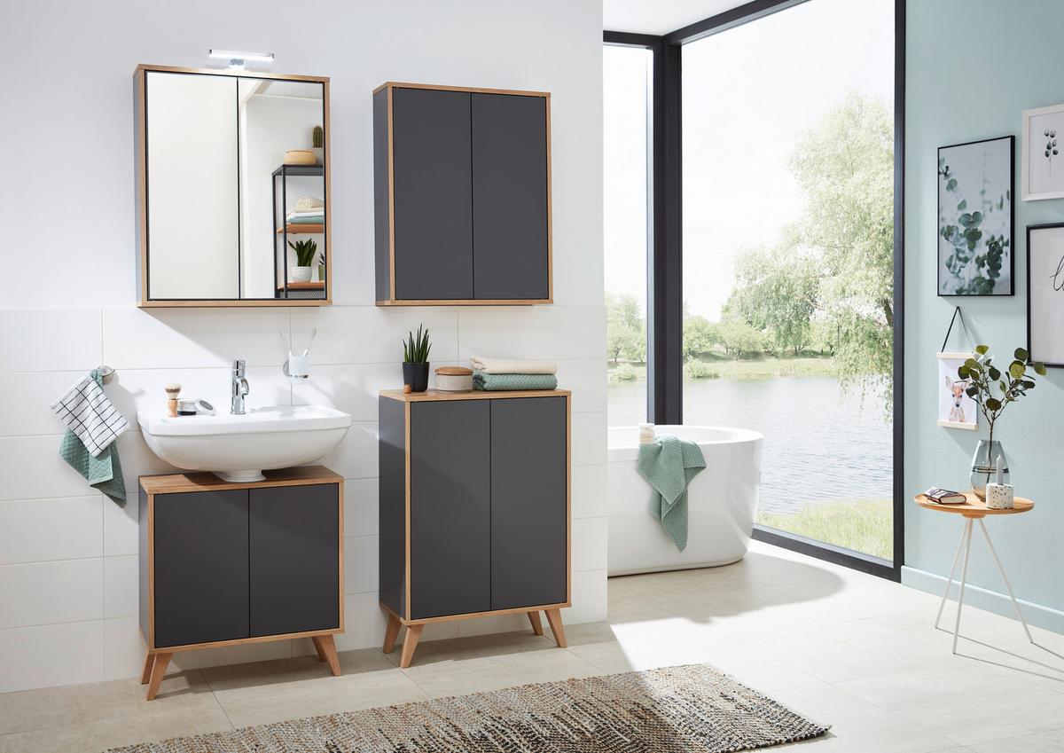 Spiegelschrank Finn 2-türig ca. 60x75 cm Anthrazit/Eiche - MODERN, Glas/Holzwerkstoff (60/75/18,5cm) - MID.YOU