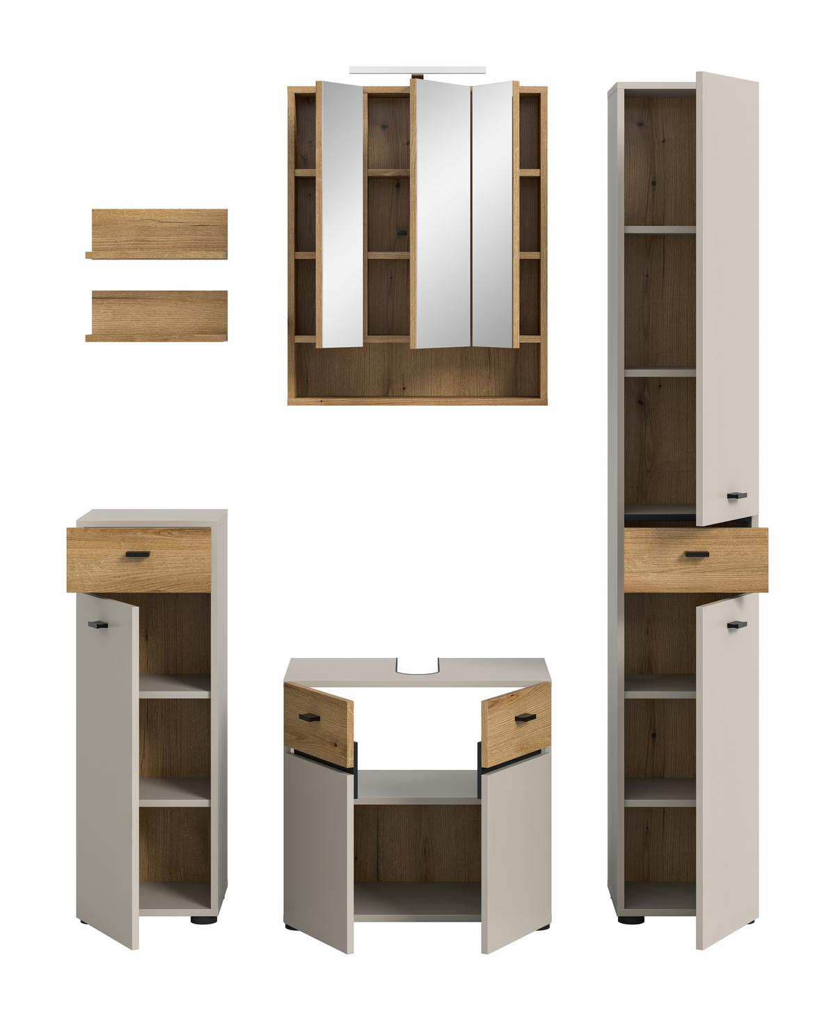 Badezimmer Aqua Eichefarben/Kaschmir 5-teilig - Kaschmir/Eichefarben, Trend, Glas/Holzwerkstoff (124cm) - MID.YOU