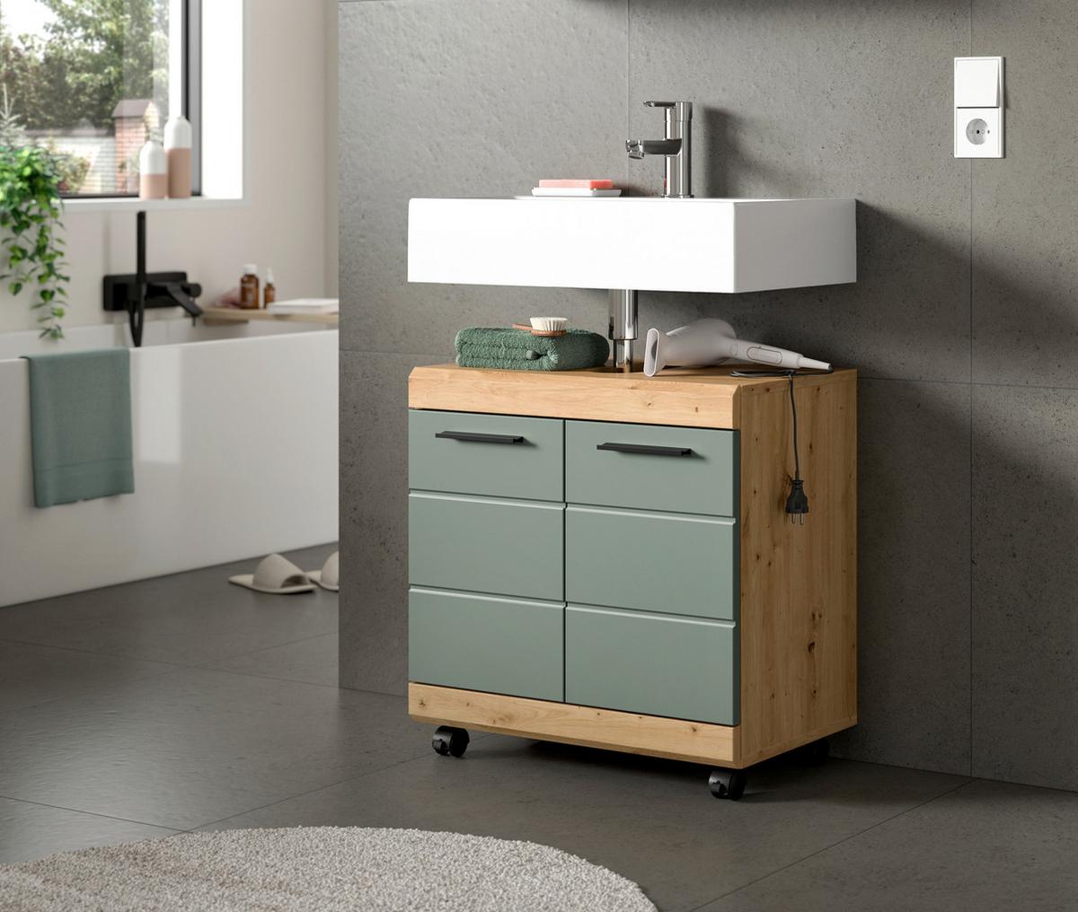 Waschbeckenunterschrank Scout Salbeigrün/Eiche Artisan - Salbeigrün/Schwarz, Trend, Holzwerkstoff/Kunststoff (60/60/34cm) - MID.YOU