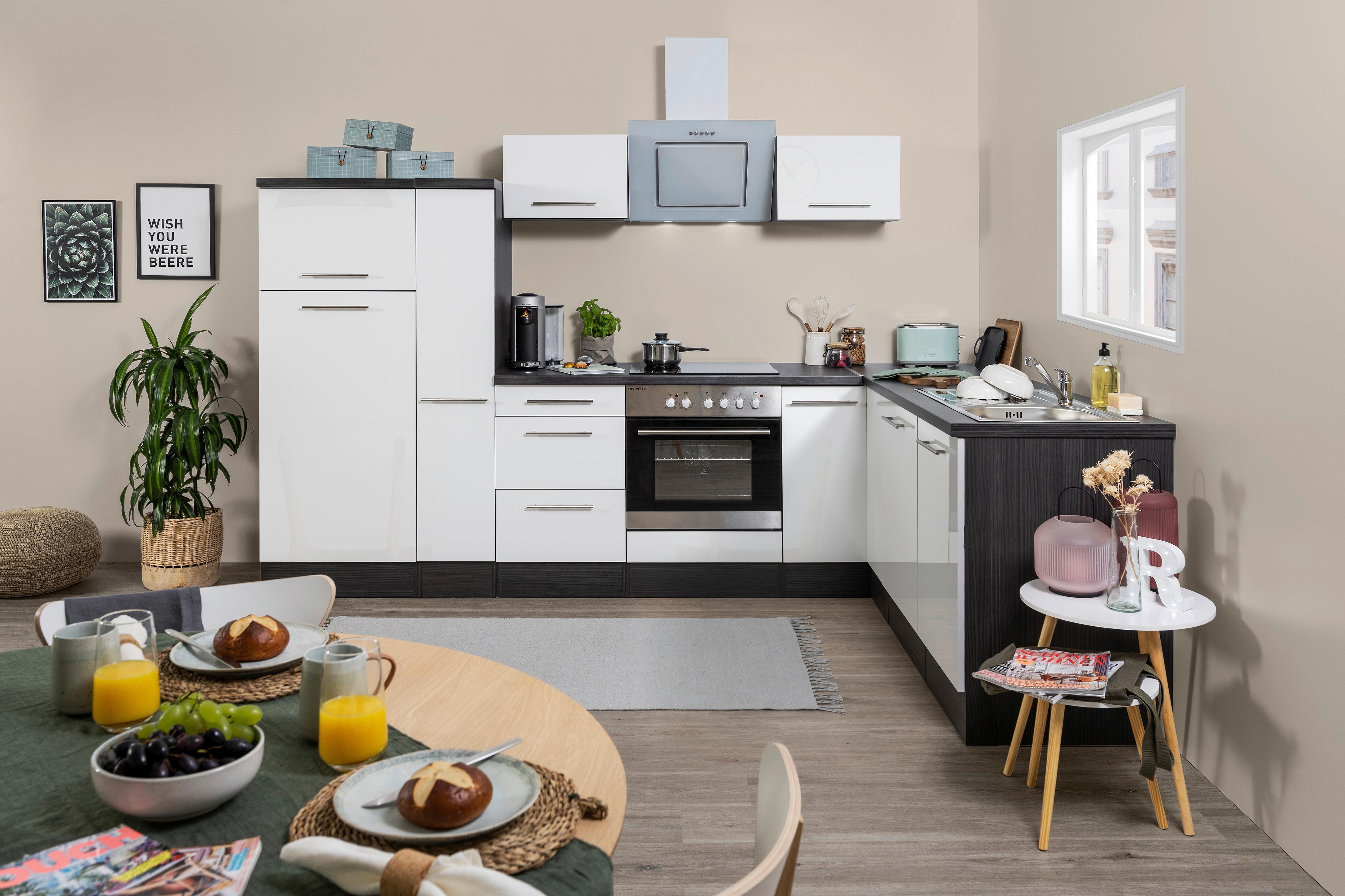 Eckküche Weiß Hochglanz mit Geräte ca. 290x200 cm - Edelstahlfarben/Eichefarben, Basics, Holzwerkstoff/Metall (290/200cm) - Respekta