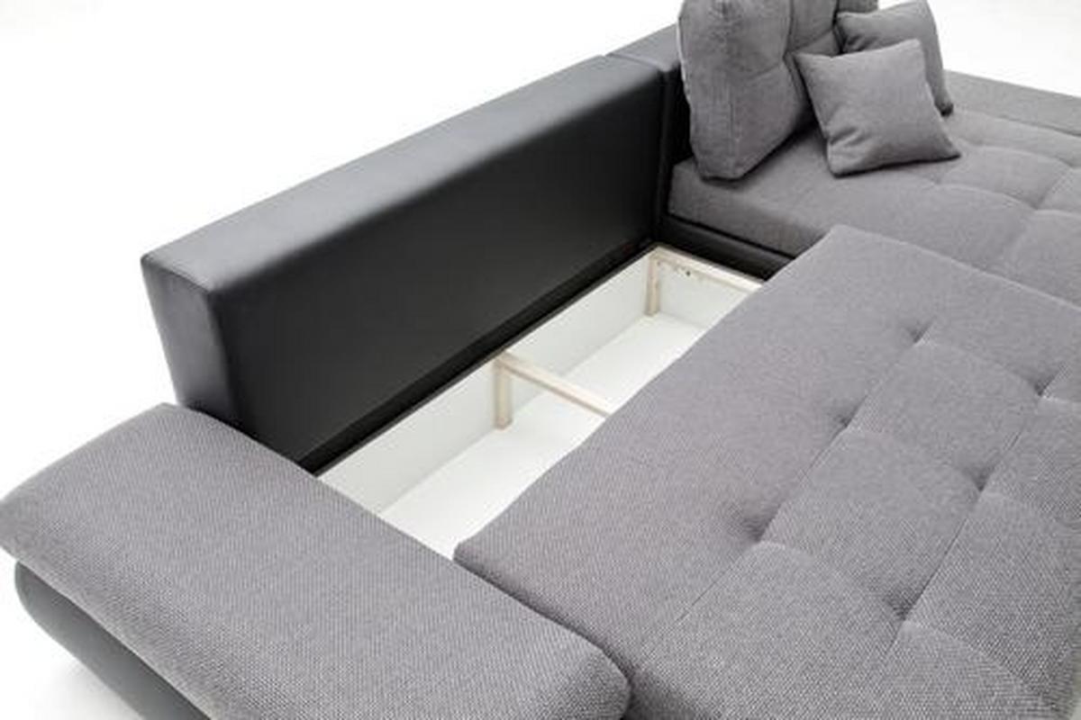 Wohnlandschaft in Grau mit Bettfunktion - Schwarz/Grau, MODERN, Textil (303/185cm) - Based
