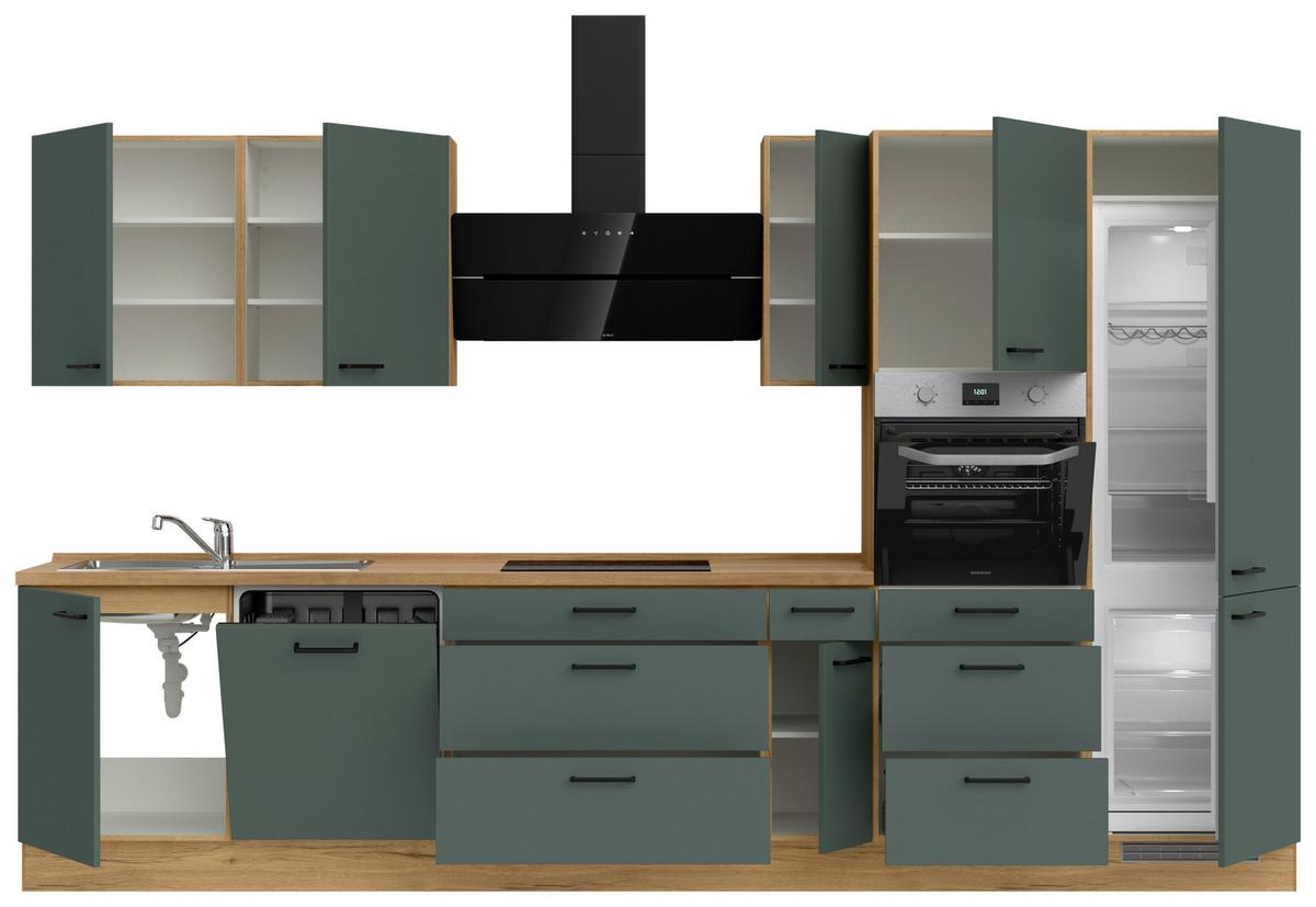 Küchenblock Easytouch High m. Geräten Dunkelgrün - Dunkelgrün/Eichefarben, MODERN, Holzwerkstoff/Metall (360cm) - Nobilia