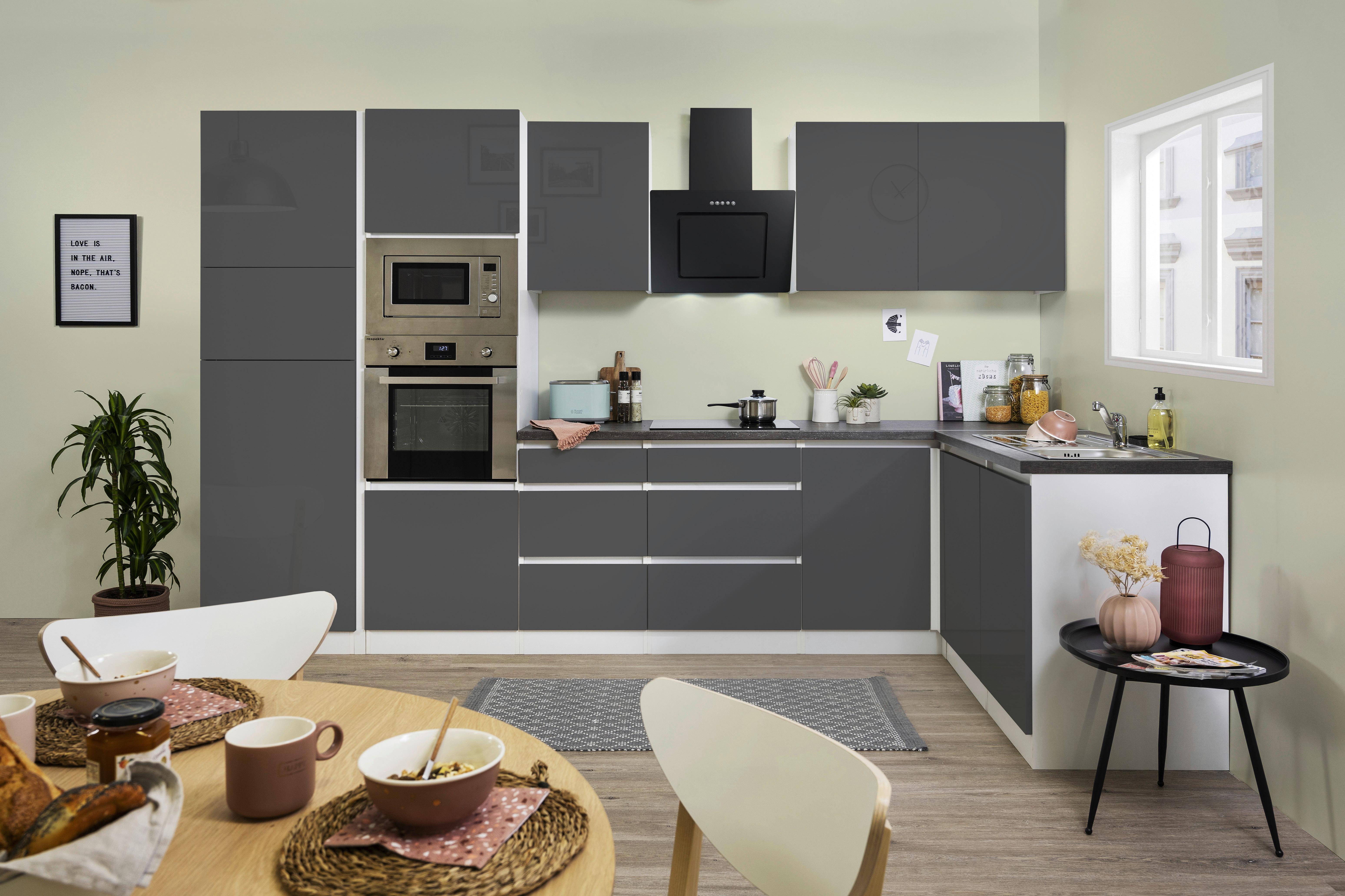 Eckküche Premium Grau Hochglanz/Weiß ca. 345x172 cm - Weiß/Grau, MODERN, Holzwerkstoff (345/172cm) - Respekta