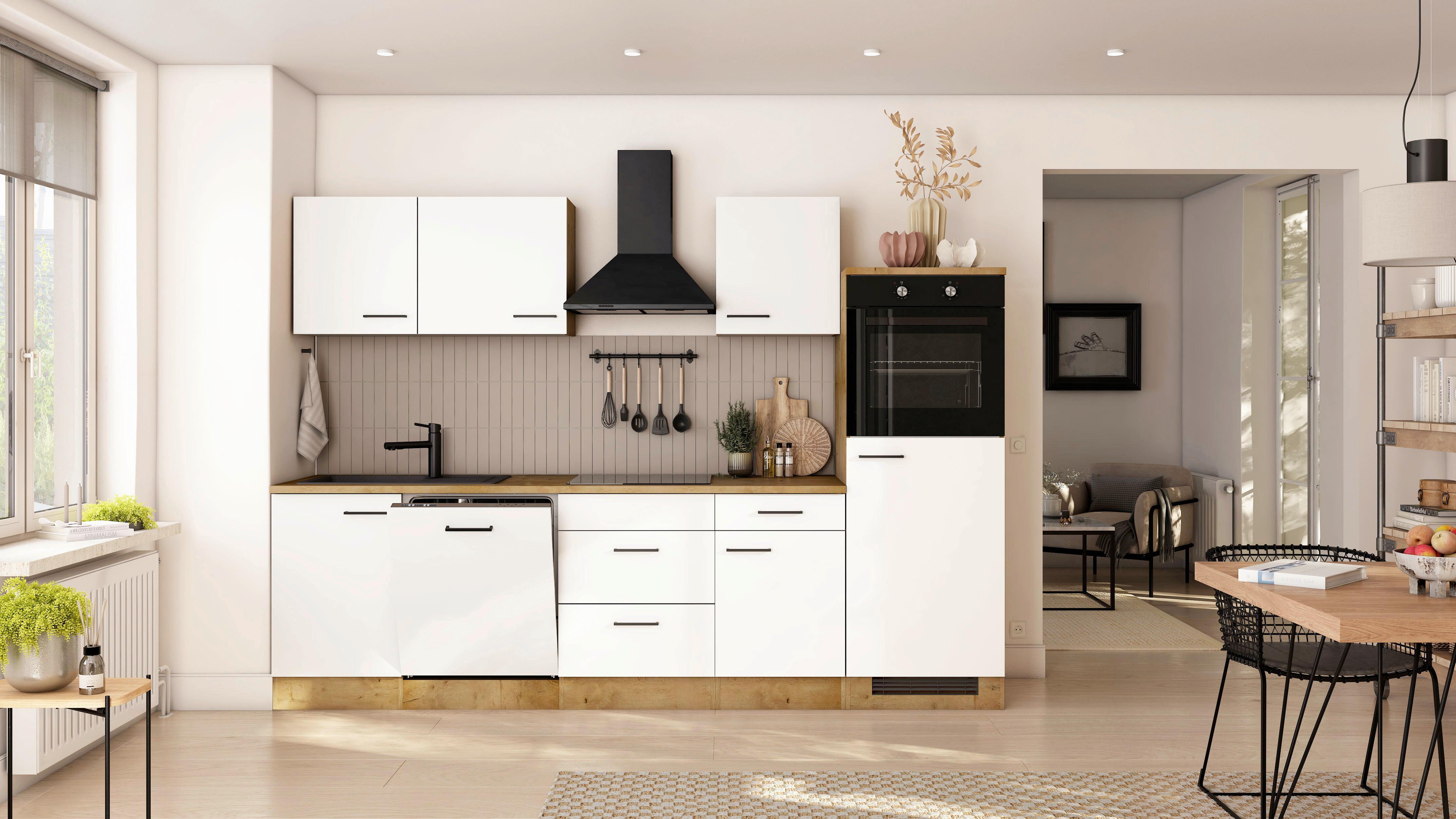 Küchenblock Avila m. Geräten Magnolie - Eichefarben/Magnolie, Trend, Holzwerkstoff/Metall (280cm) - FlexWell