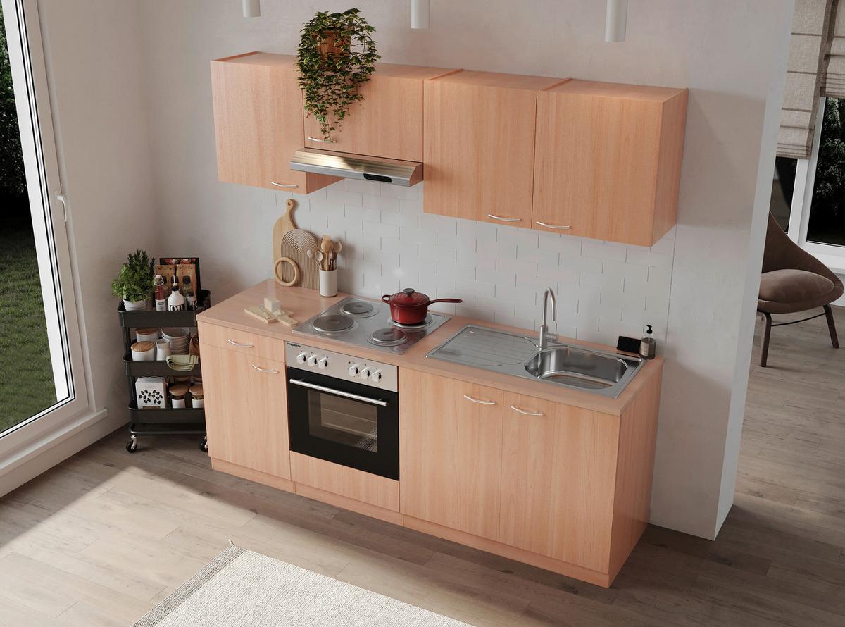 Küchenblock Gerda mit Geräten ca. 210 cm Buchefarben - Buchefarben/Alufarben, Basics, Holzwerkstoff/Kunststoff (210cm) - Respekta