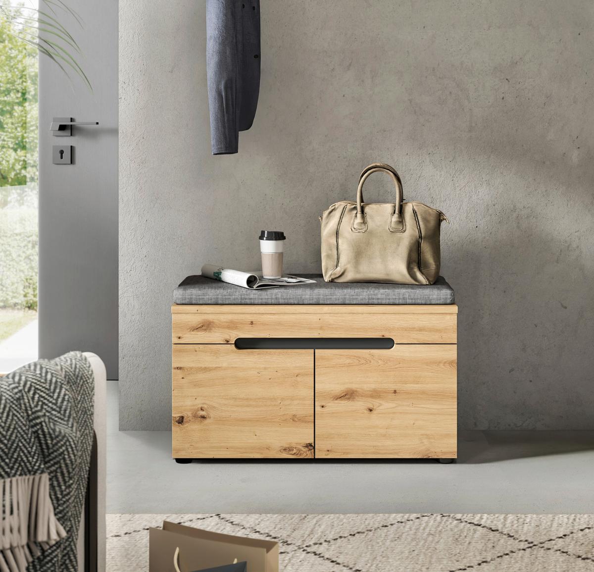 Garderobna Klop Canu, Siva, Barva Hrasta, Z Blazino - siva/črna, Design, umetna masa/leseni material (80/45/37cm) - Livetastic