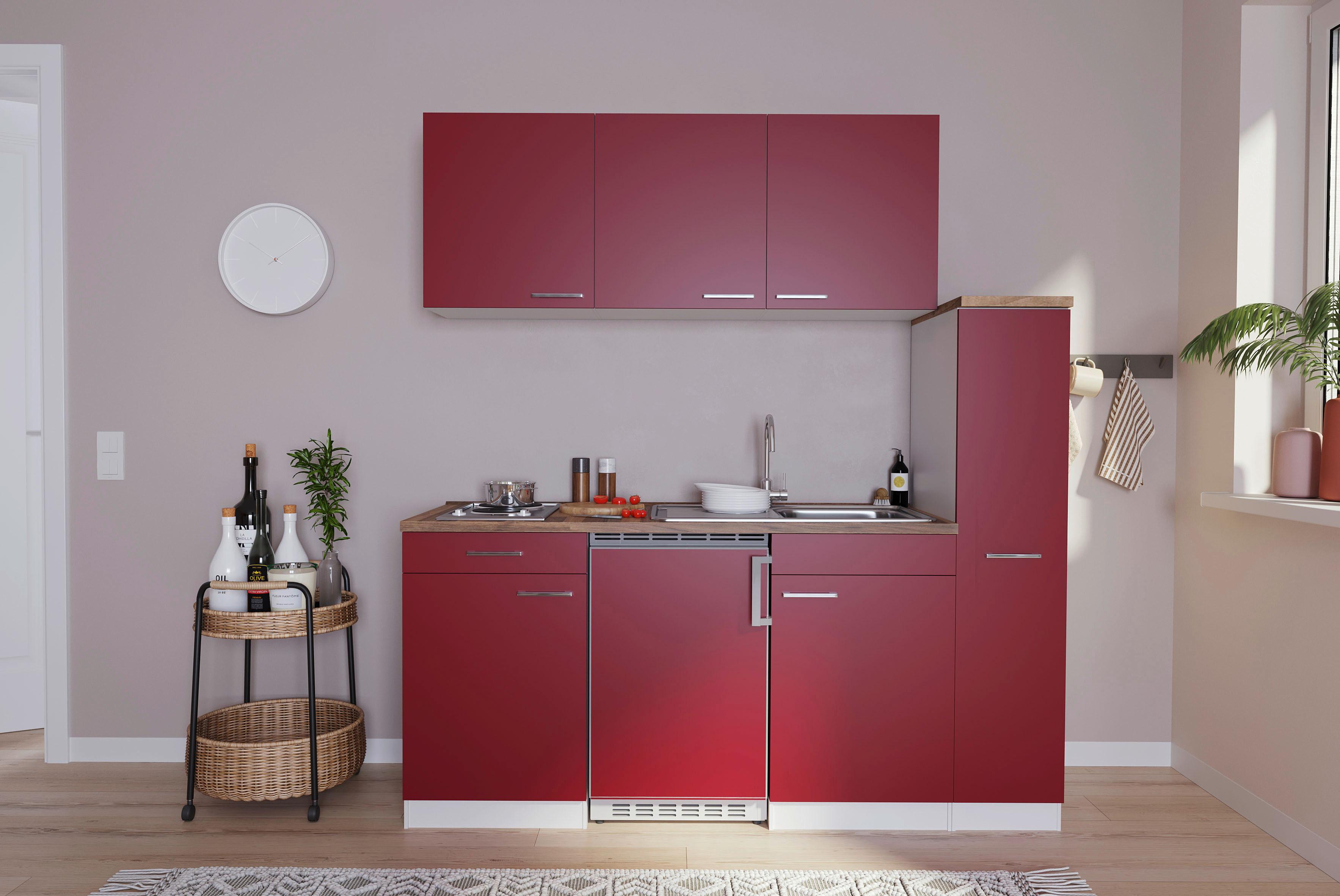 Küchenzeile Economy m. Geräte Rot B: ca. 180 cm - Rot/Nussbaumfarben, Basics, Holzwerkstoff/Kunststoff (180cm) - Respekta