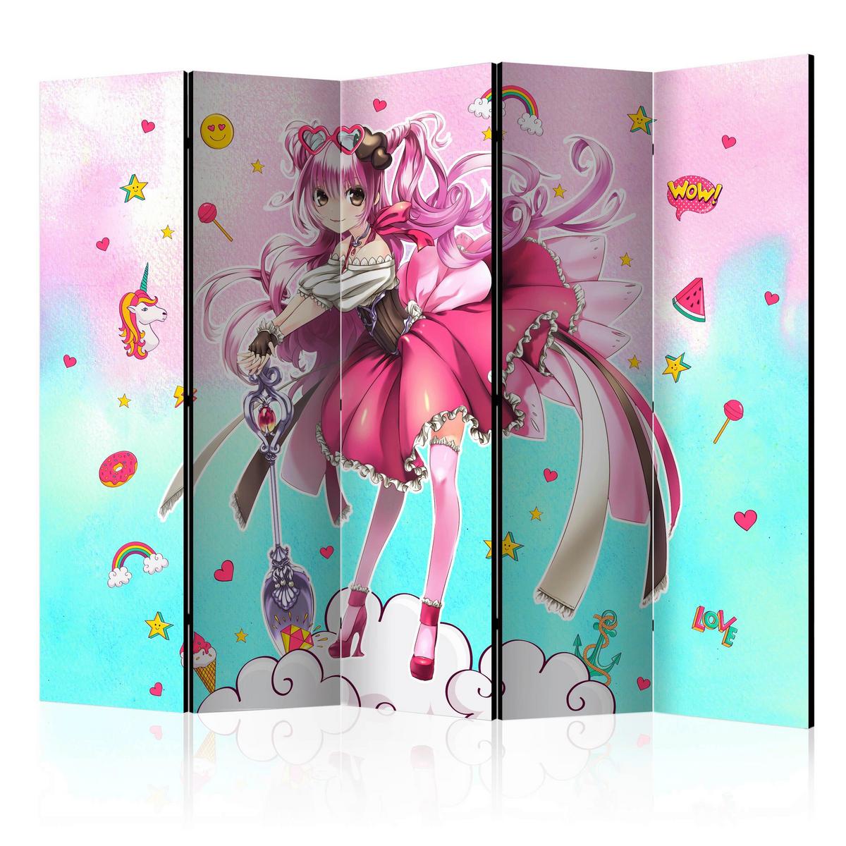 Paravan Sorceress Miko I, 5-Delni, Dvostranski - turkizna/pink, Basics, tekstil/les (225/172/3cm) - artgeist