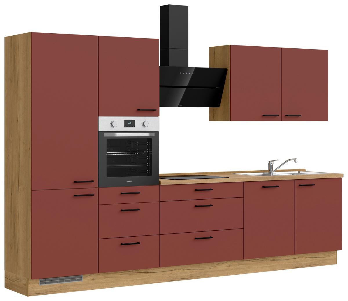 Küchenblock Easytouch High m. Geräten Dunkelrot - Eichefarben/Schwarz, MODERN, Holzwerkstoff/Metall (330cm) - Nobilia