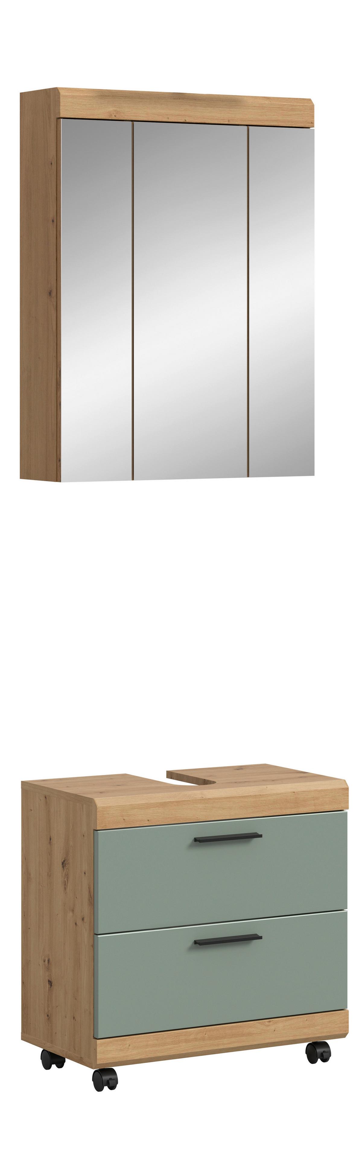 Badezimmer Scout Salbeigrün /Eiche Artisan 2-teilig - Salbeigrün/Schwarz, Trend, Glas/Holzwerkstoff (60cm) - MID.YOU