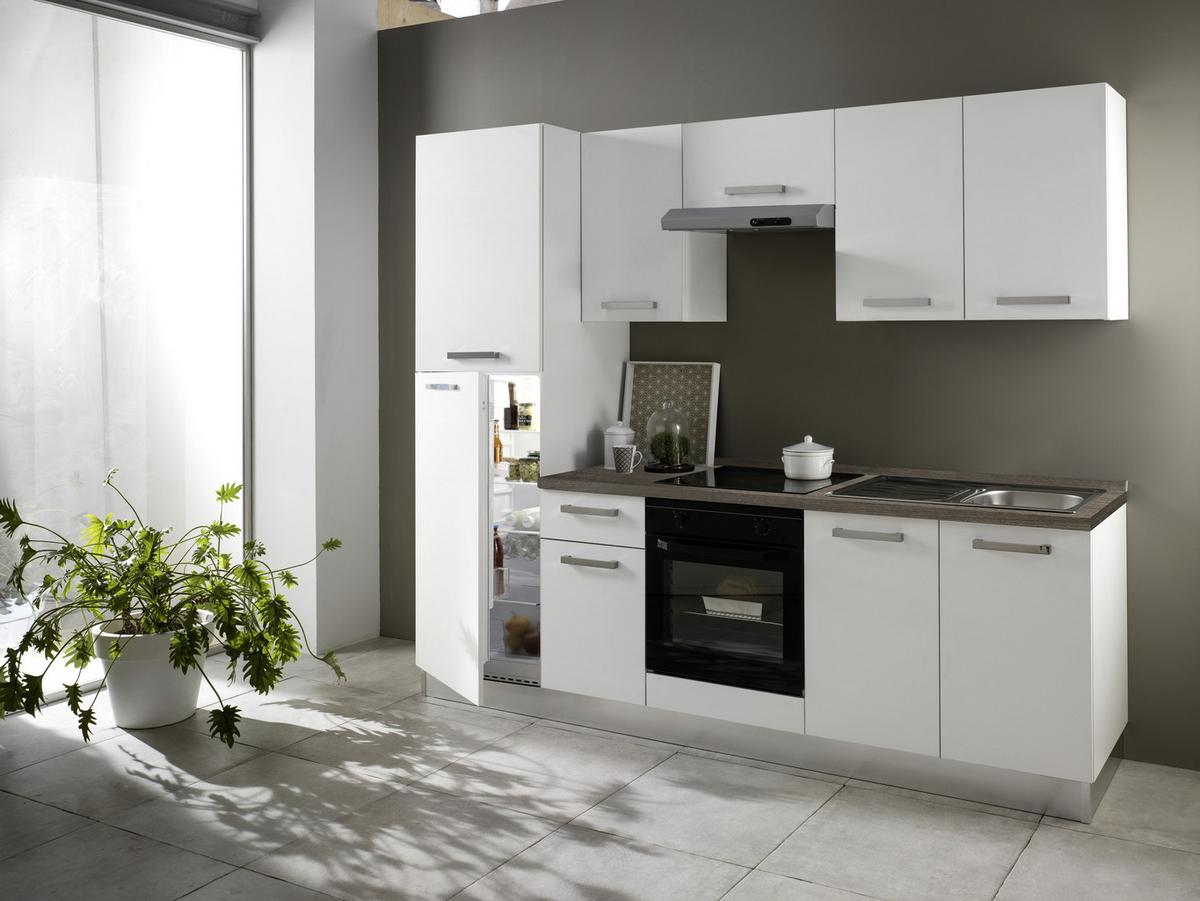 Küchenblock Belluna m. Geräten Weiß - Eiche dunkel/Alufarben, Basics, Holzwerkstoff/Kunststoff (250cm) - MID.YOU