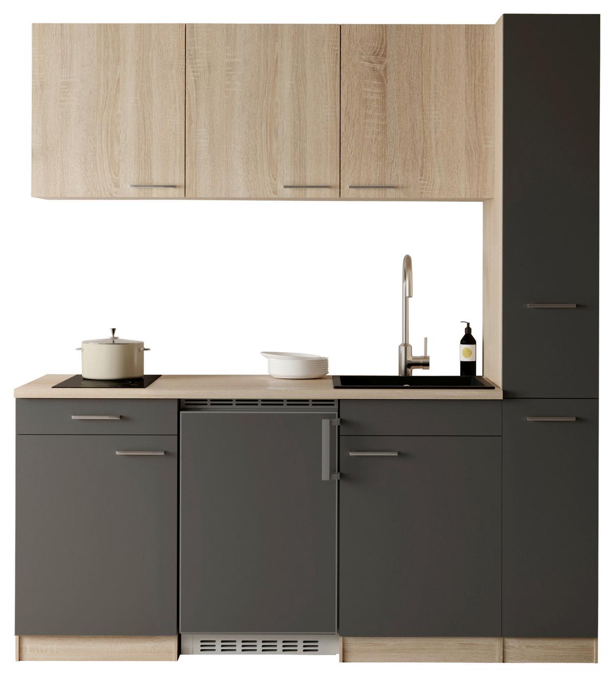 Küchenblock Ingrid m. Geräten Grau - Eichefarben/Alufarben, Design, Holzwerkstoff/Kunststoff (180cm) - Respekta