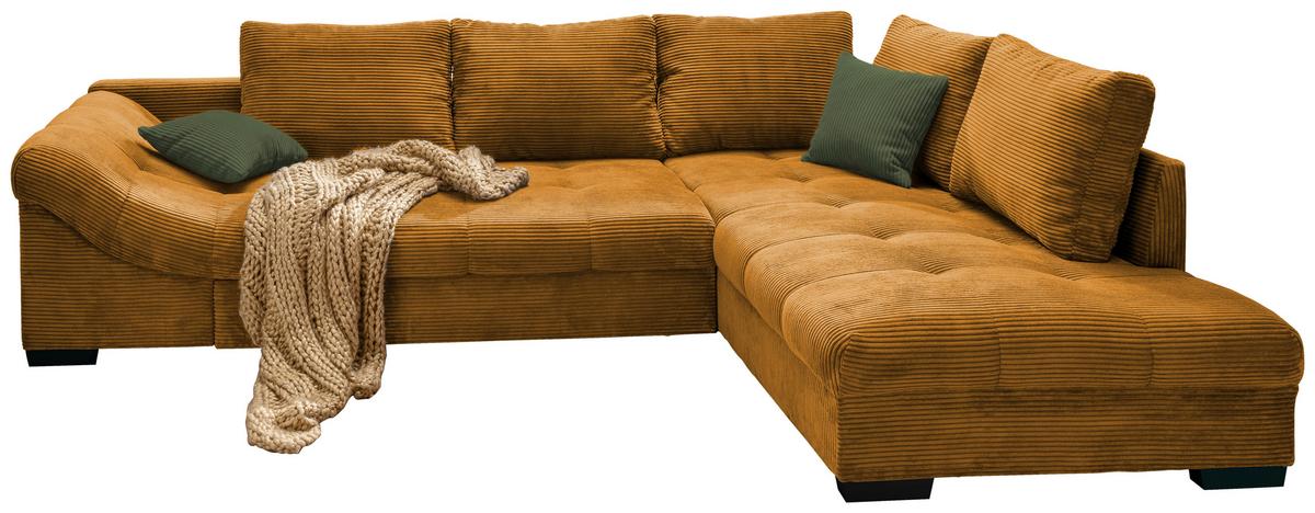 Wohnlandschaft Alvito Cognac Cord - Dunkelgrün/Cognac, Design, Holz/Textil (298/202cm) - MID.YOU