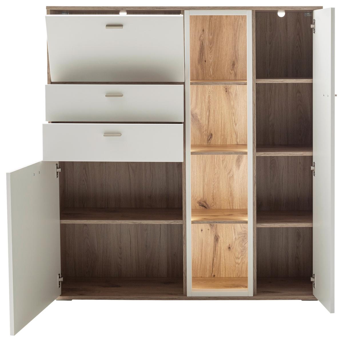 Highboard Santerno Weiß/Eichefarben - Weiss/Eichefarben, Konventionell, Holzwerkstoff/Metall (124/133/37cm) - Mömax