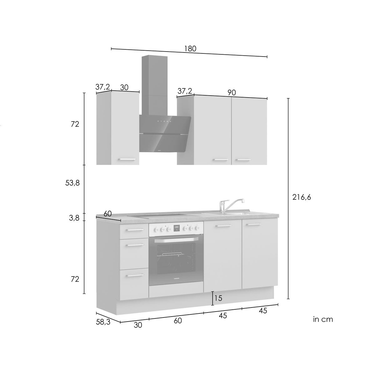 Küchenblock Cascada High m. Geräten Weiß - Eichefarben/Schwarz, MODERN, Holzwerkstoff/Metall (180cm) - Nobilia