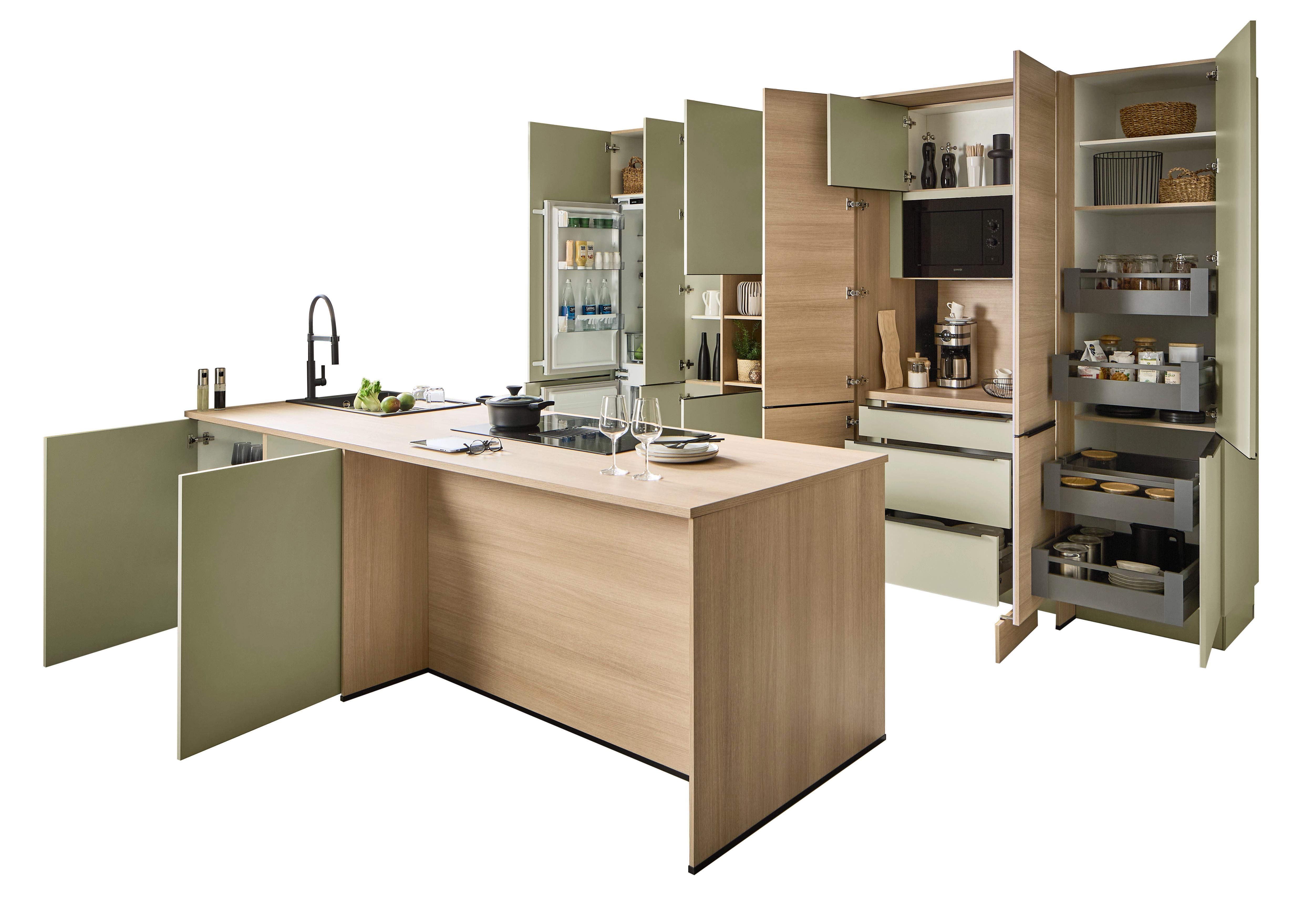 Einbauküche IP3150/2200 ohne Geräte, Salbeigrün/Eiche - Eichefarben/Salbeigrün, MODERN, Holzwerkstoff (350/284cm) - Impuls