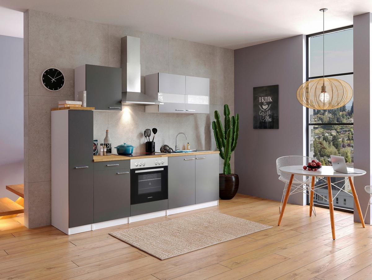 Küchenblock Malia mit Geräten ca. 240 cm Grau - Edelstahlfarben/Nussbaumfarben, Basics, Holzwerkstoff/Metall (240cm) - Respekta