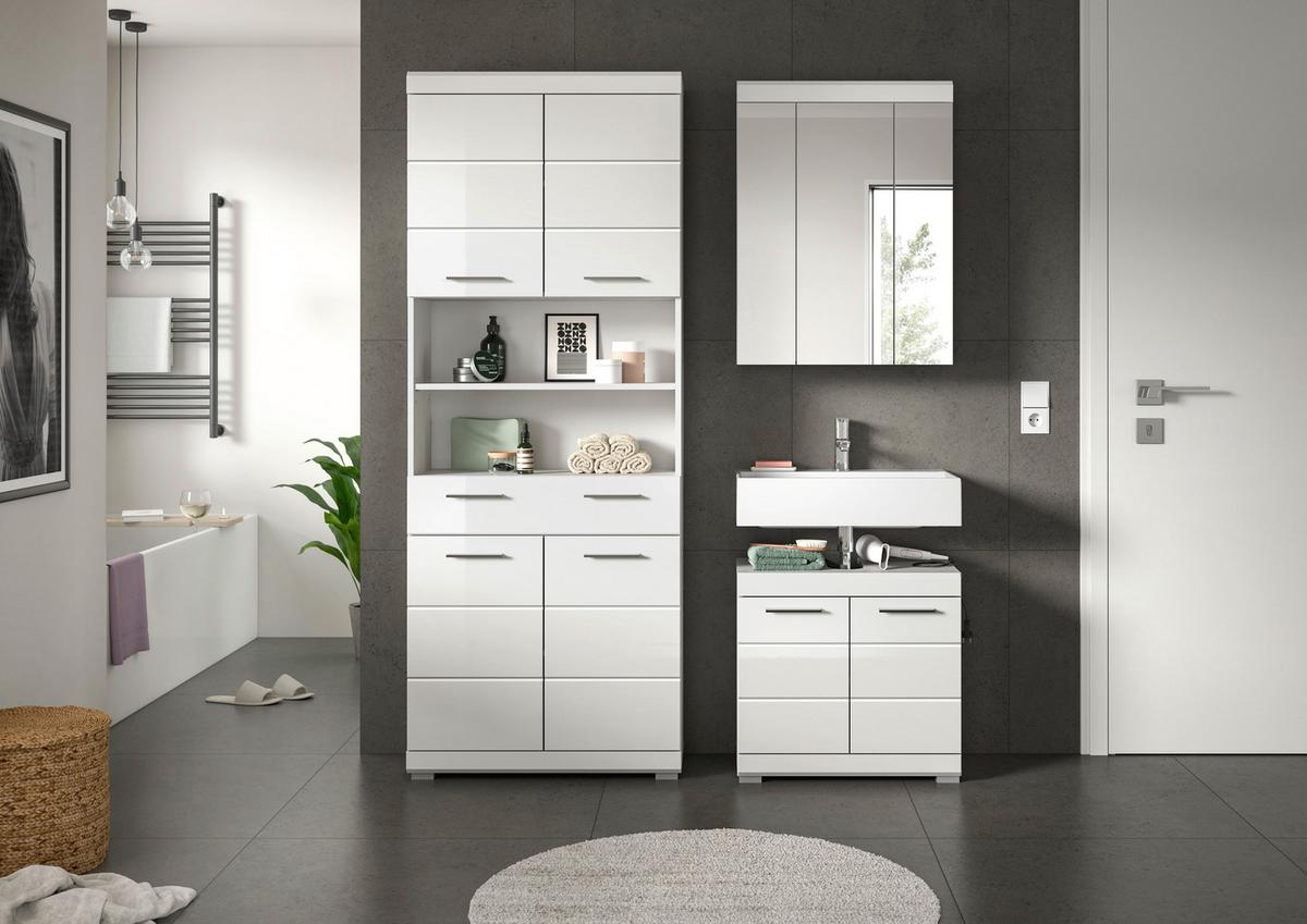 Badezimmer Scout 3-tlg. ca. 134 cm Weiß hochglanz - Weiß Hochglanz/Silberfarben, MODERN, Holzwerkstoff/Kunststoff (134cm) - MID.YOU