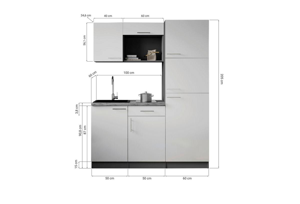 Küchenblock Oliver m. Geräten Schwarz - Schwarz/Grau, Trend, Holzwerkstoff/Metall (160cm) - Respekta