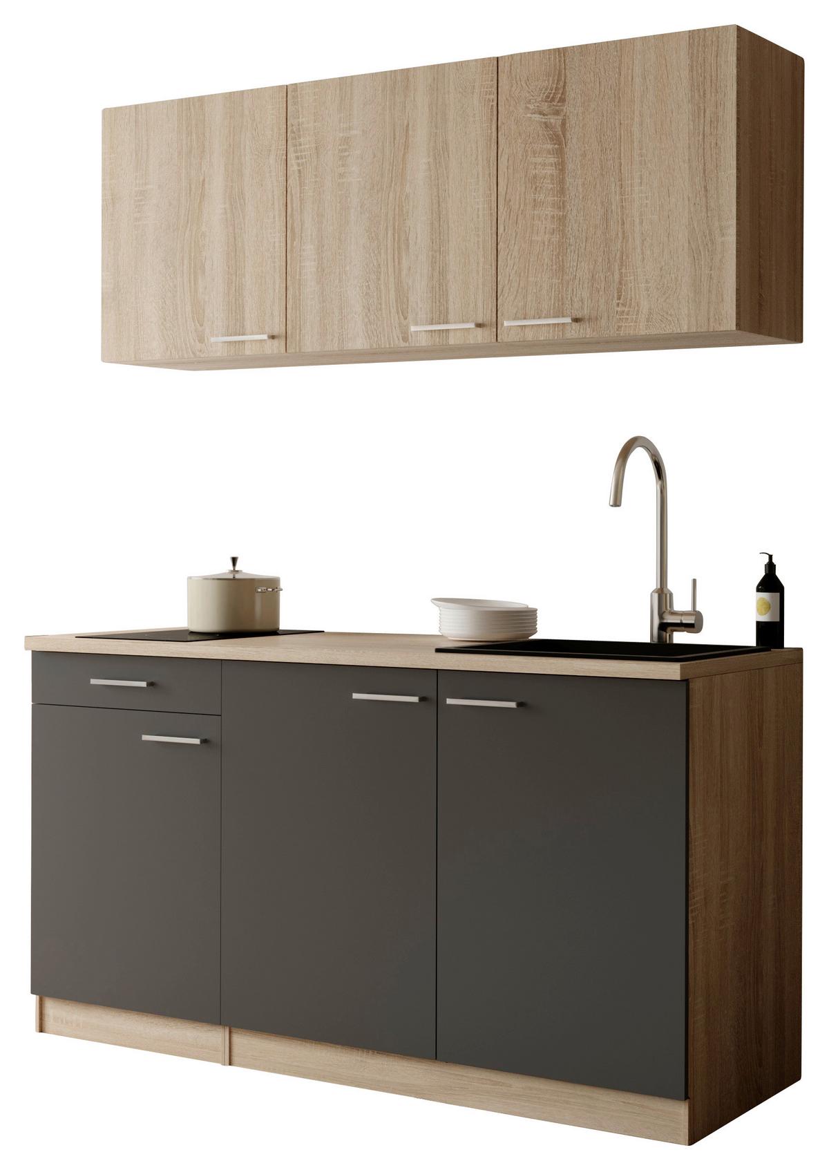 Miniküche Ingrid m. Gerät ca. 150cm Grau - Eichefarben/Alufarben, Design, Holzwerkstoff/Kunststoff (150cm) - Respekta