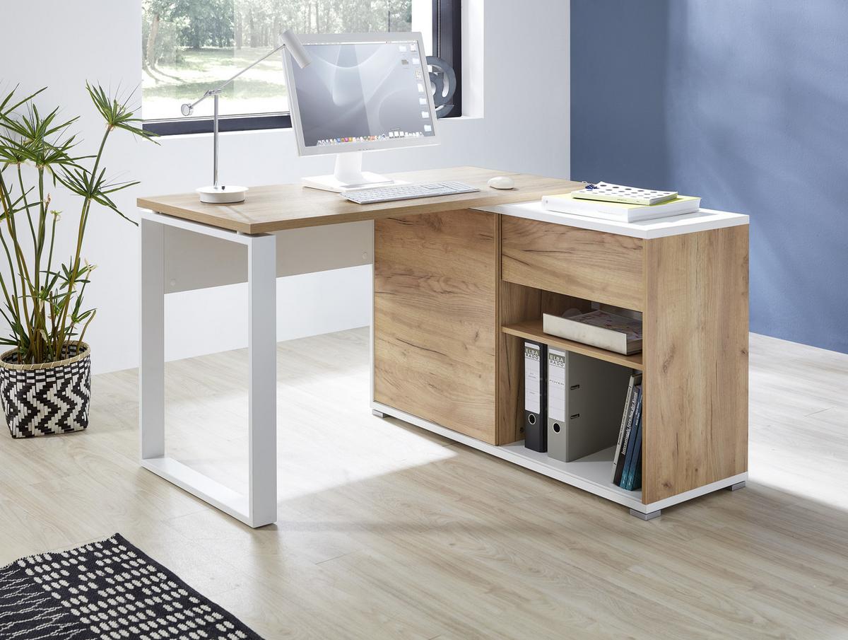 Eckschreibtisch mit Stauraum B 120cm H 117cm GW-Lioni Eiche - Eichefarben/Weiß, Design, Holzwerkstoff/Metall (120/75/117cm) - Germania