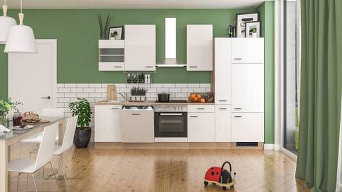 Kuhinjski Blok Z Aparati Valero, Bela, Barva Hrasta - barve nerjavečega jekla/bela, Moderno, kovina/leseni material (310cm) - FlexWell