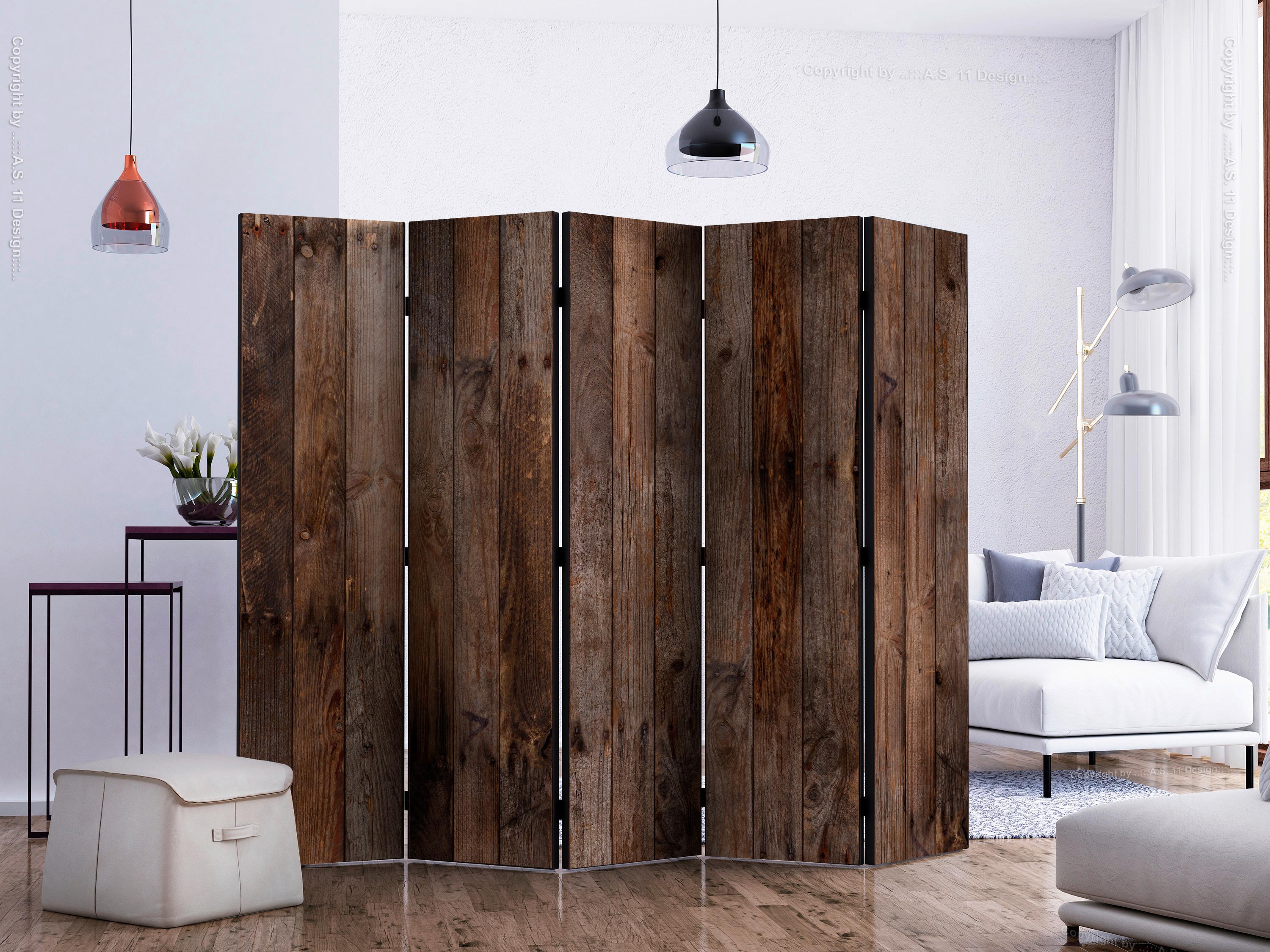 Paravan Wooden Hut I, 5-Delni, Enostranski - barve kapučina/rjava, Basics, tekstil/les (225/172/3cm) - artgeist