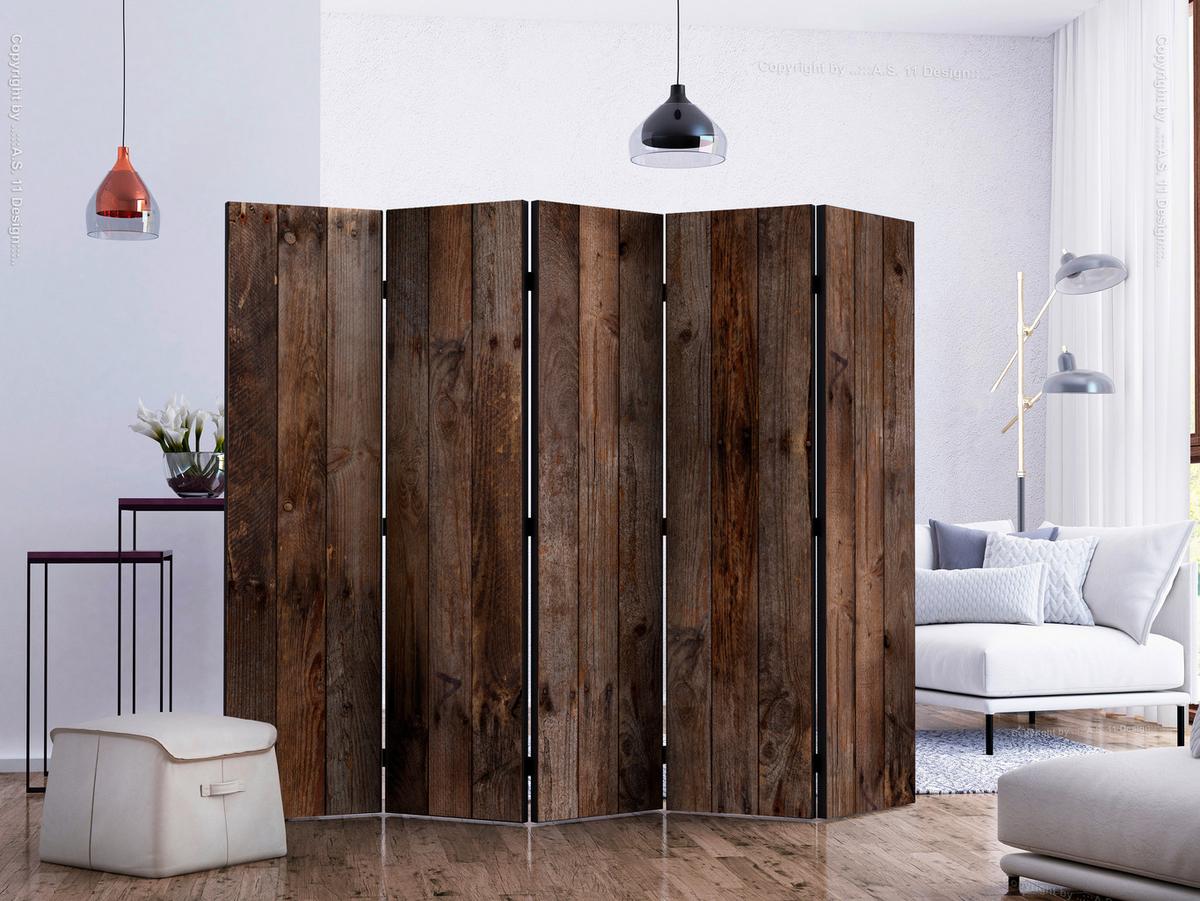 Paravan Wooden Hut I, 5-Delni, Enostranski - barve kapučina/rjava, Basics, tekstil/les (225/172/3cm) - artgeist