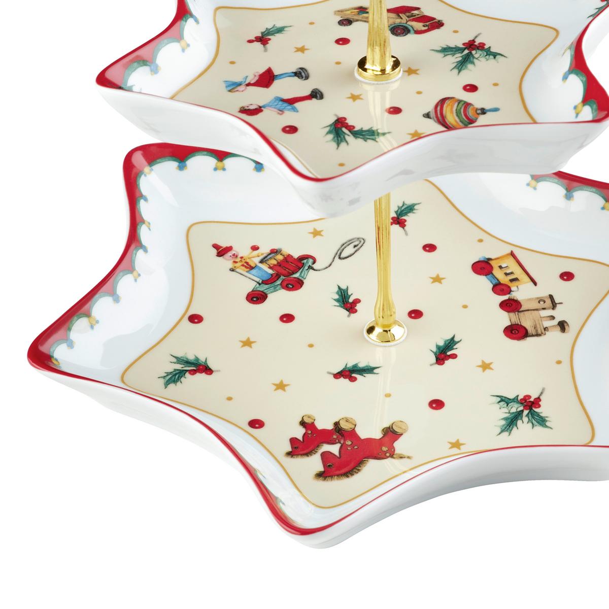 Platou etajat prăjituri Xmas - alb/auriu, Konventionell, ceramică/metal (27/23cm) - Mömax