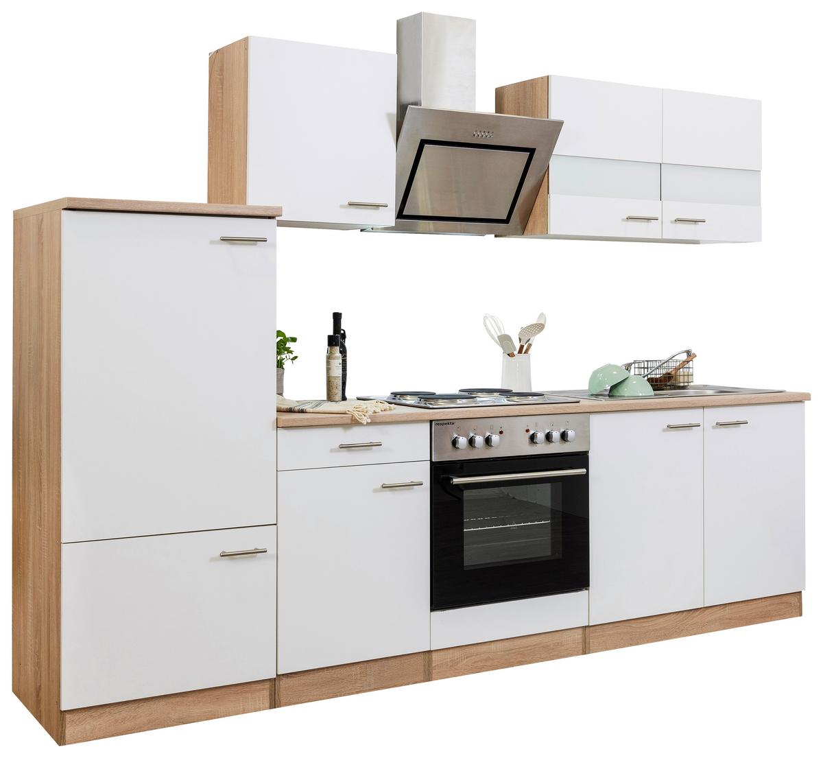 Küchenblock Merle mit Geräten ca. 270 cm Weiß - Edelstahlfarben/Eichefarben, Basics, Holzwerkstoff/Metall (270cm) - Respekta