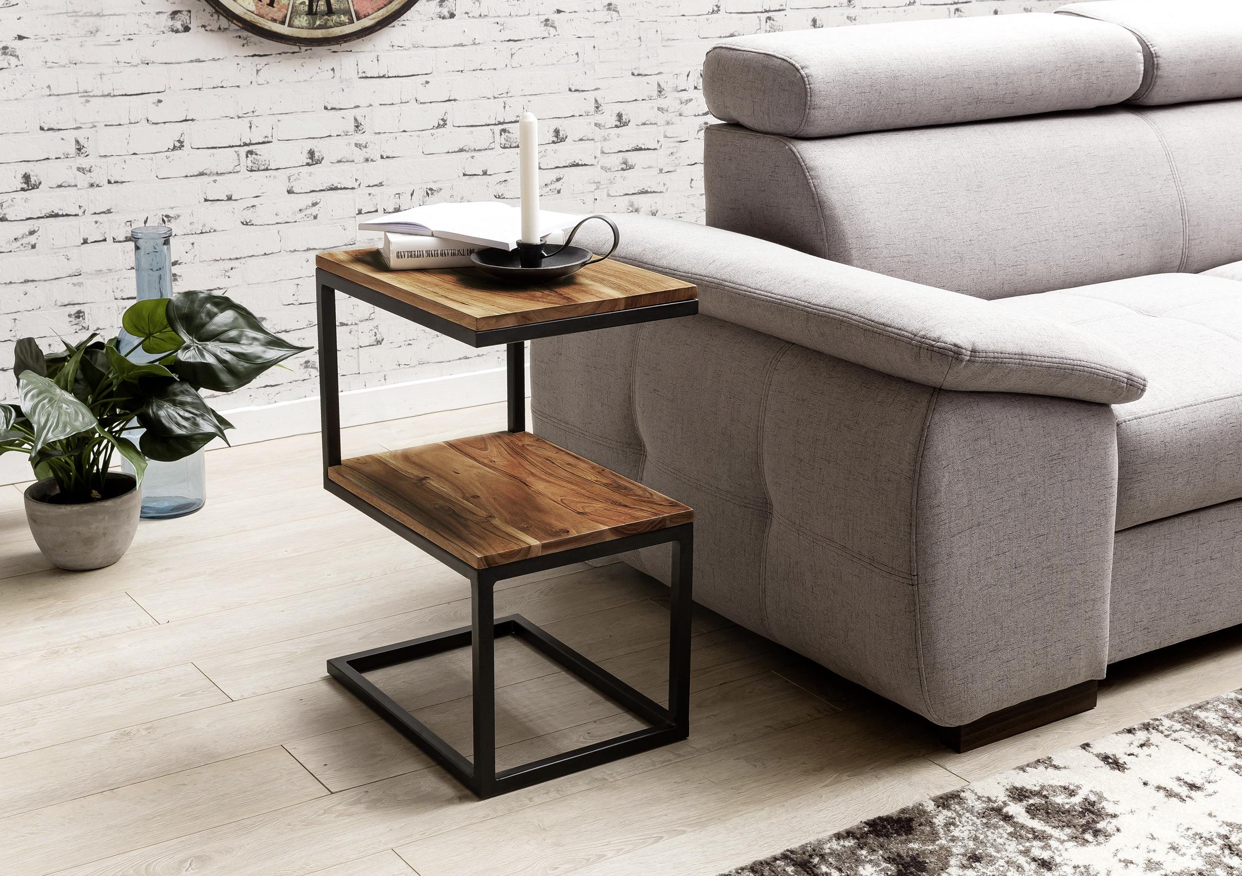 Beistelltisch "Akola" , ca. 45x30 cm, aus Sheesham - Sheeshamfarben/Schwarz, Design, Holz/Metall (45/30/60cm) - MID.YOU