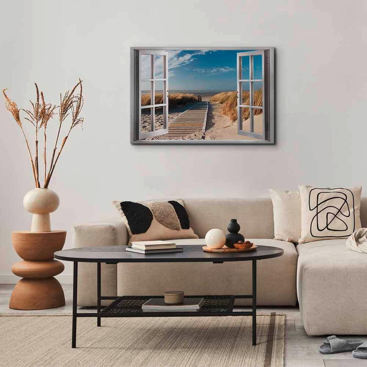 Slika Na Platnu View Of The Beach - svetlo modra/bela, Basics, tekstil/les (90/60/1.2cm) - artgeist