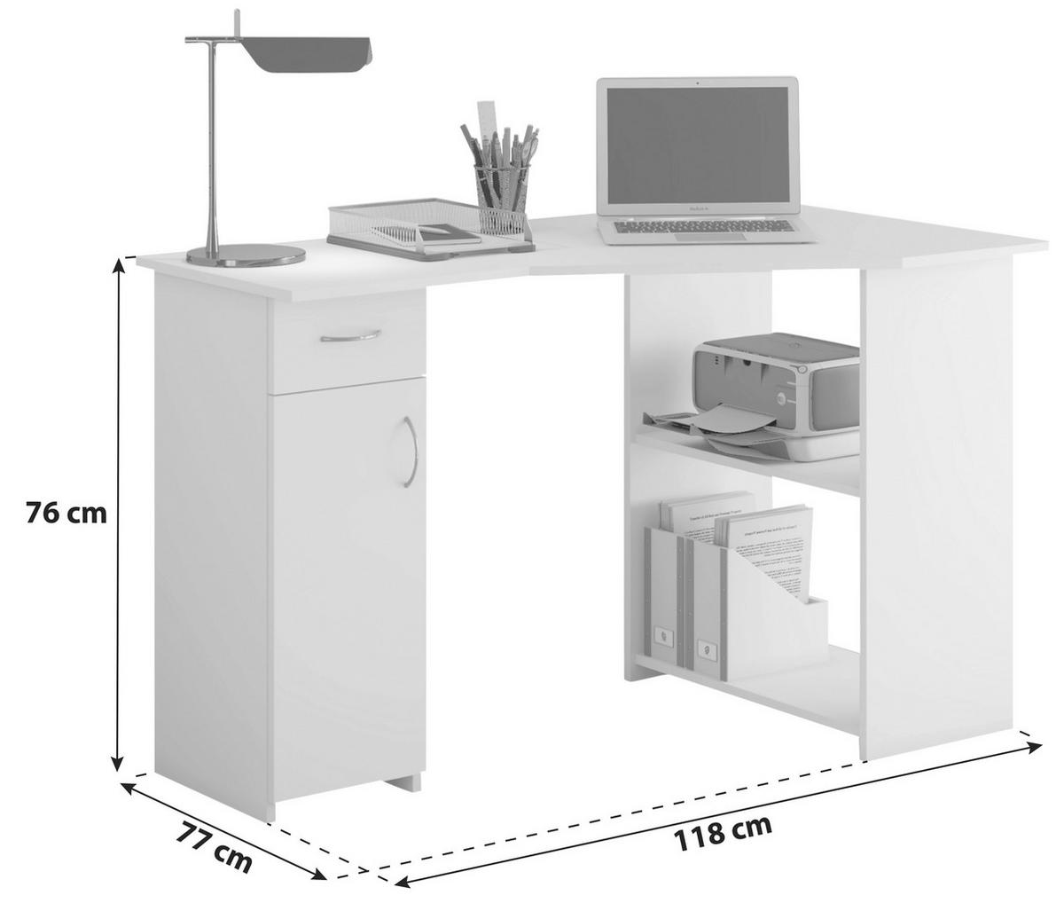 Kotna Pisalna Miza Linzia, Bela - barve nerjavečega jekla/bela, Konvencionalno, umetna masa/leseni material (77/118/76cm) - MID.YOU
