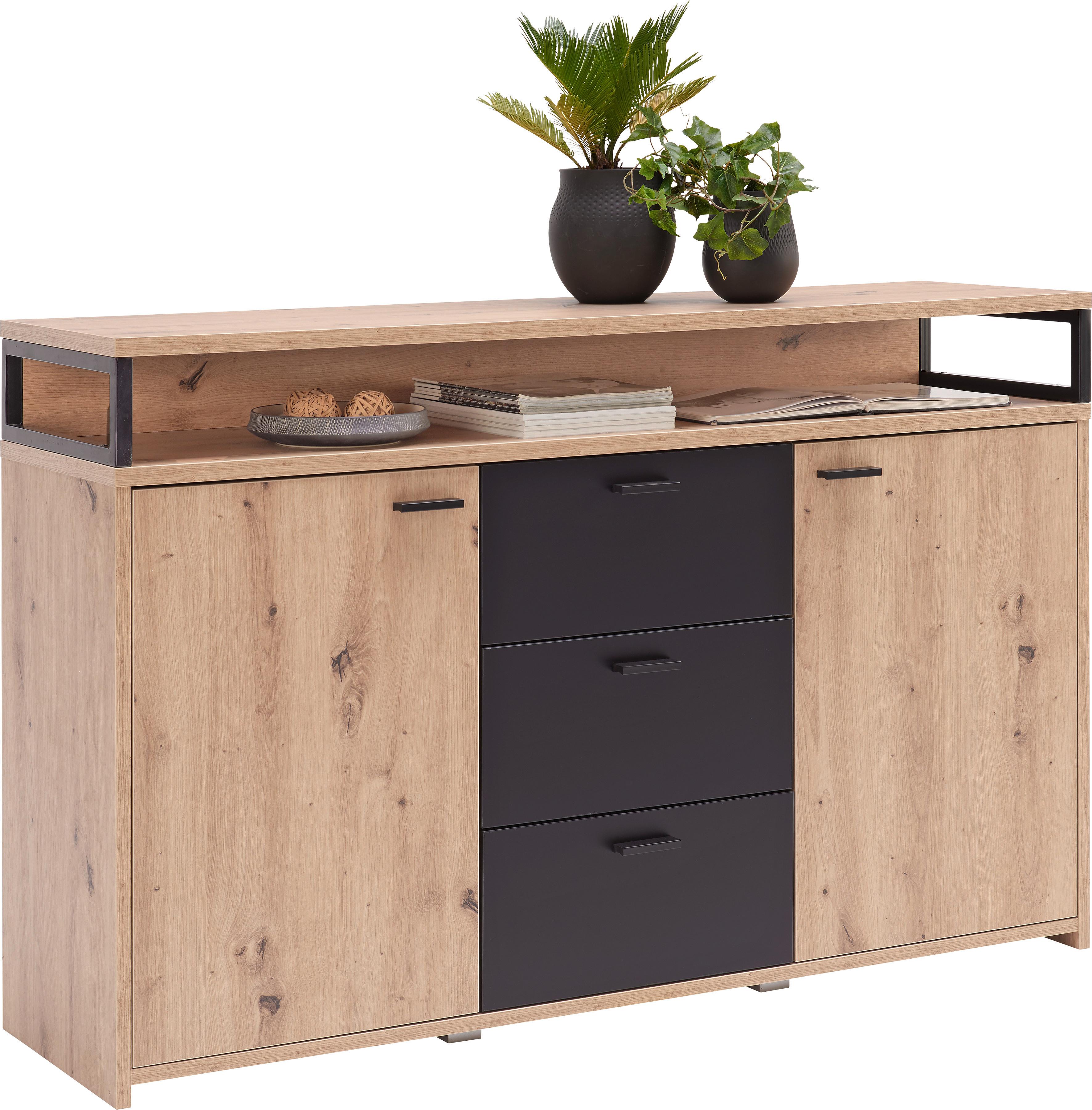 KOMODA SZEROKA LIFE NEW - kolor dębowy/czarny, Konventionell, materiał drewnopochodny/tworzywo sztuczne (134/88/38cm) - Xora