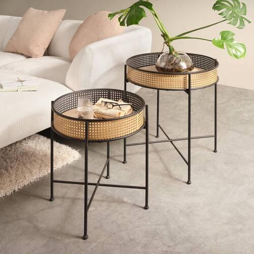 Beistelltischset in Schwarz, 2-teilig - Schwarz/Naturfarben, Lifestyle, Holz/Holzwerkstoff (45-59/51-62,5cm) - Modern Living