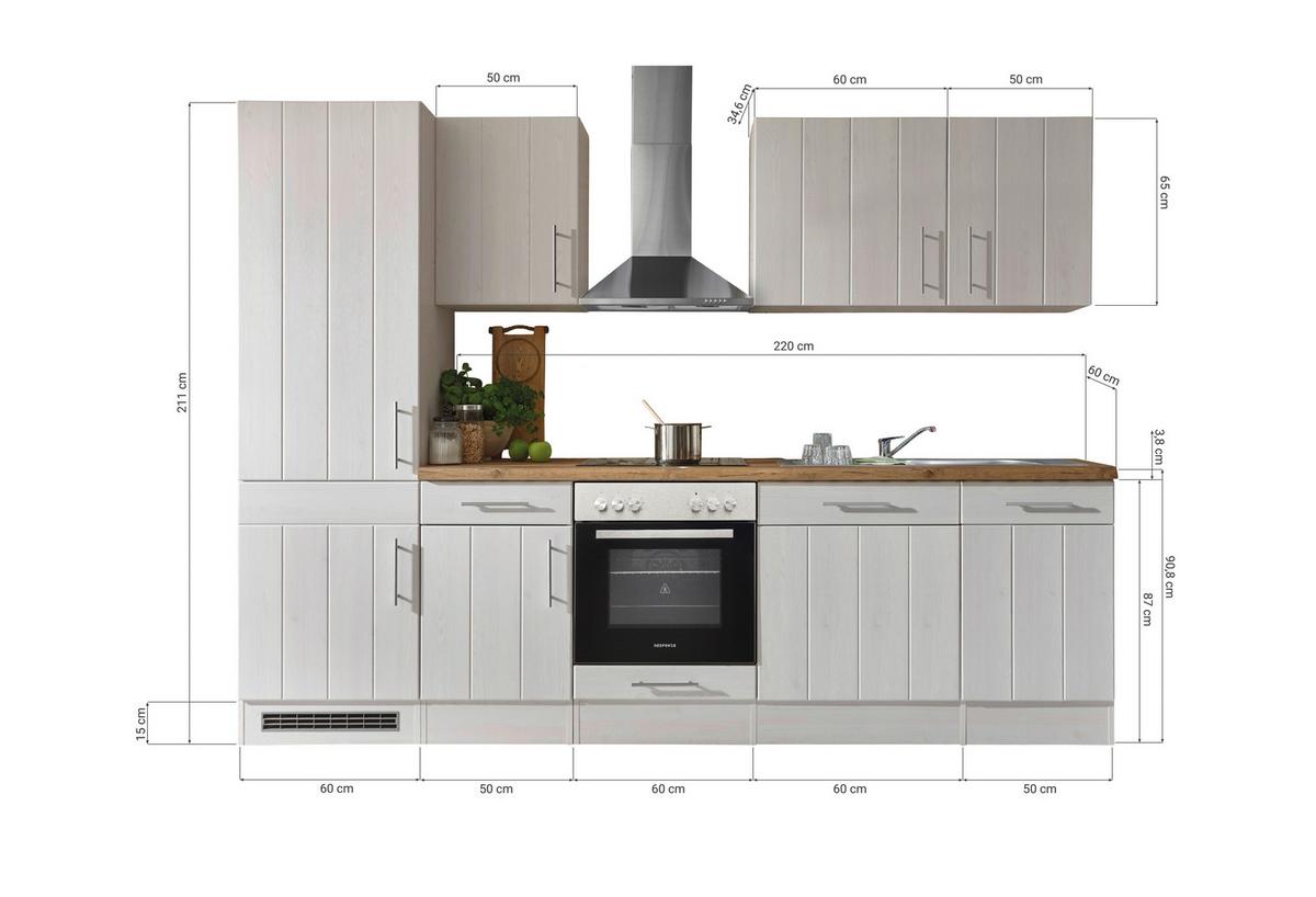 Küchenblock Anton Landhaus ohne Geräte ca. 280 cm Weiß - Wildeiche/Edelstahlfarben, Basics, Holzwerkstoff/Metall - Respekta