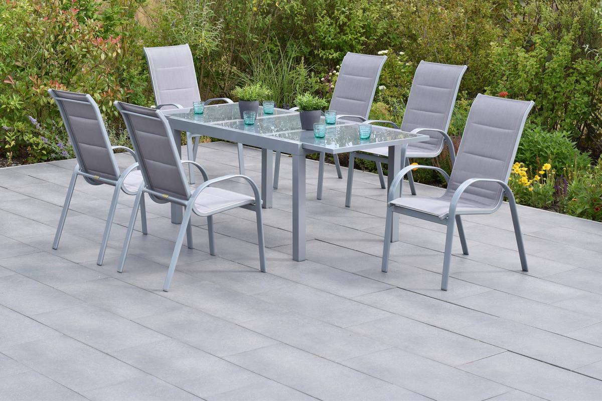 Vrtni Set Amalfi, 7-delni, Raztegljiva Miza - srebrne barve/rjava, Moderno, kovina/tekstil - Gardenson
