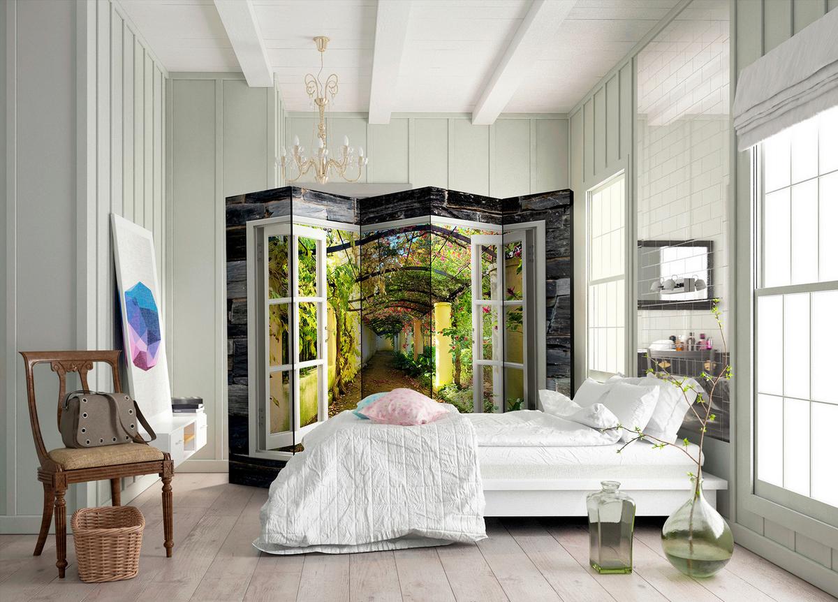 Paravan Secret Garden I, 5-Delni, Dvostranski - bela/svetlo zelena, Basics, tekstil/les (225/172/3cm) - artgeist