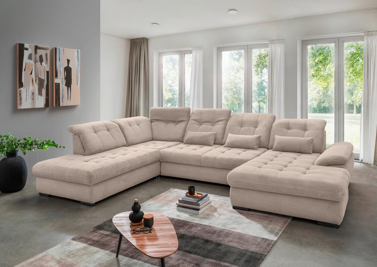 Wohnlandsschaft Rigatti Beige Cord mit Bettkasten - Beige/Schwarz, MODERN, Textil/Metall (252/387/184cm) - Livetastic