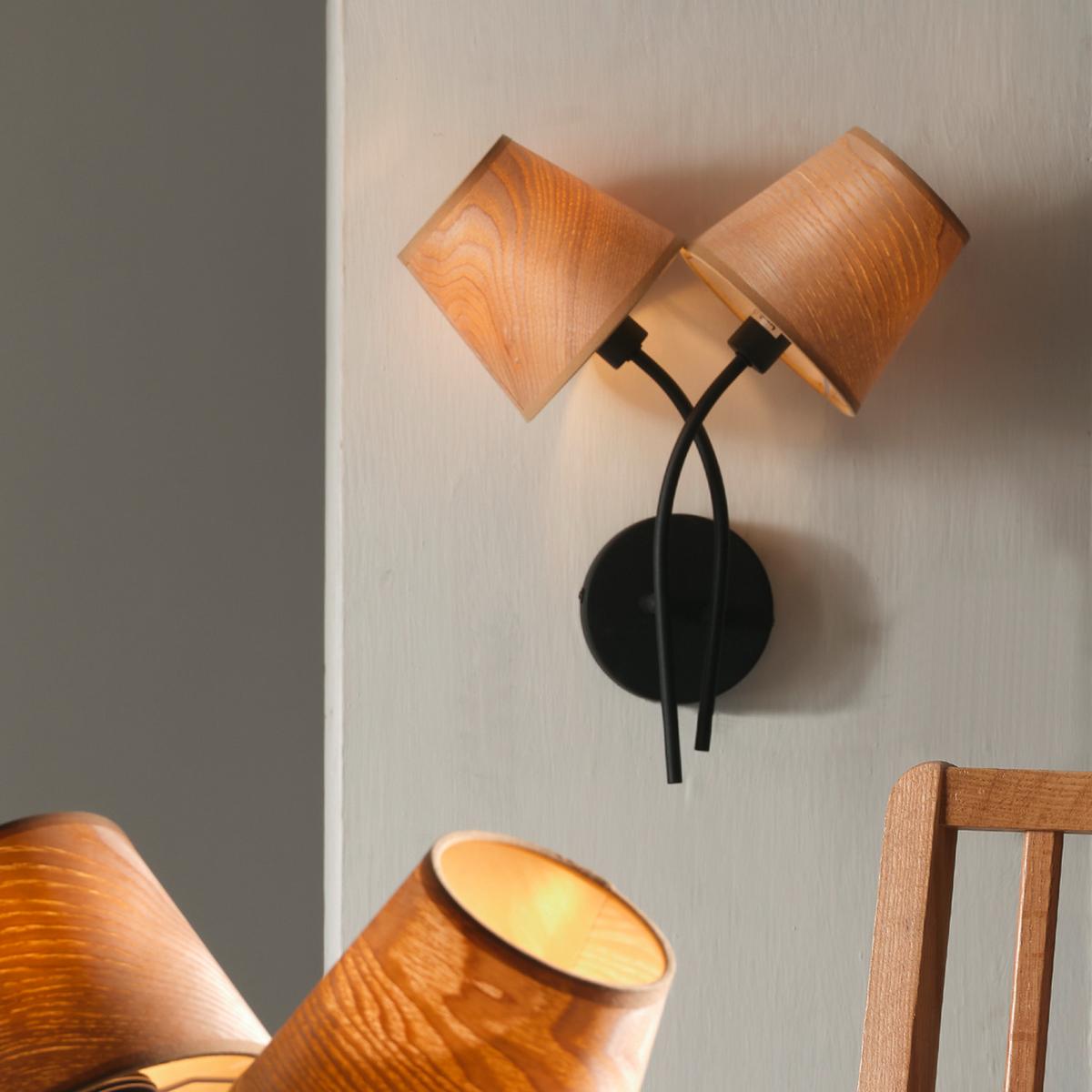 Wandleuchte Asia Schwarz/Eiche max. 6 Watt - Eichefarben/Schwarz, KONVENTIONELL, Textil/Metall (39/20cm)