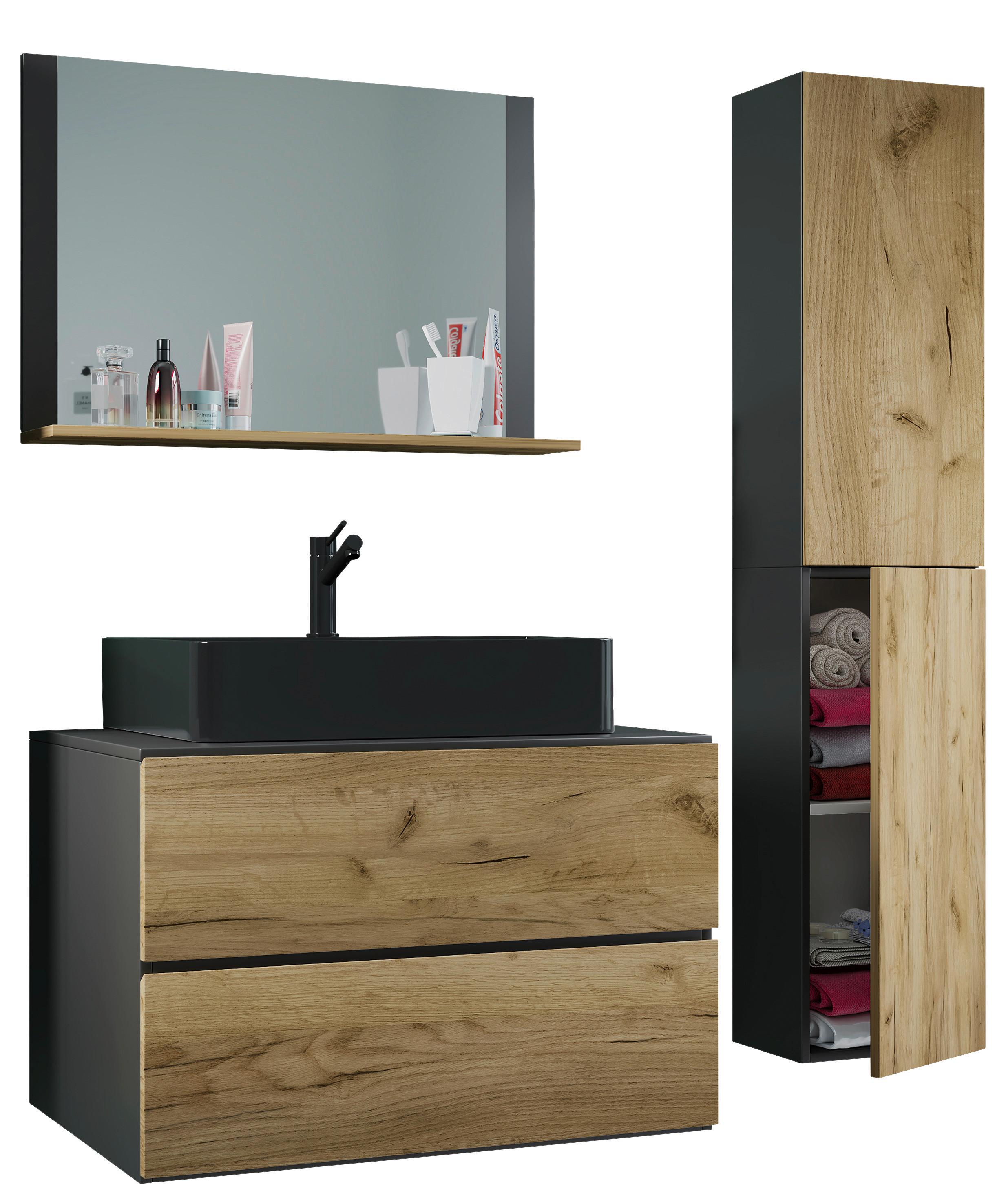Kopalnica Lendas L, Antracit, Medeni Hrast - črna/medeni hrast, Moderno, steklo/leseni material (94cm) - MID.YOU
