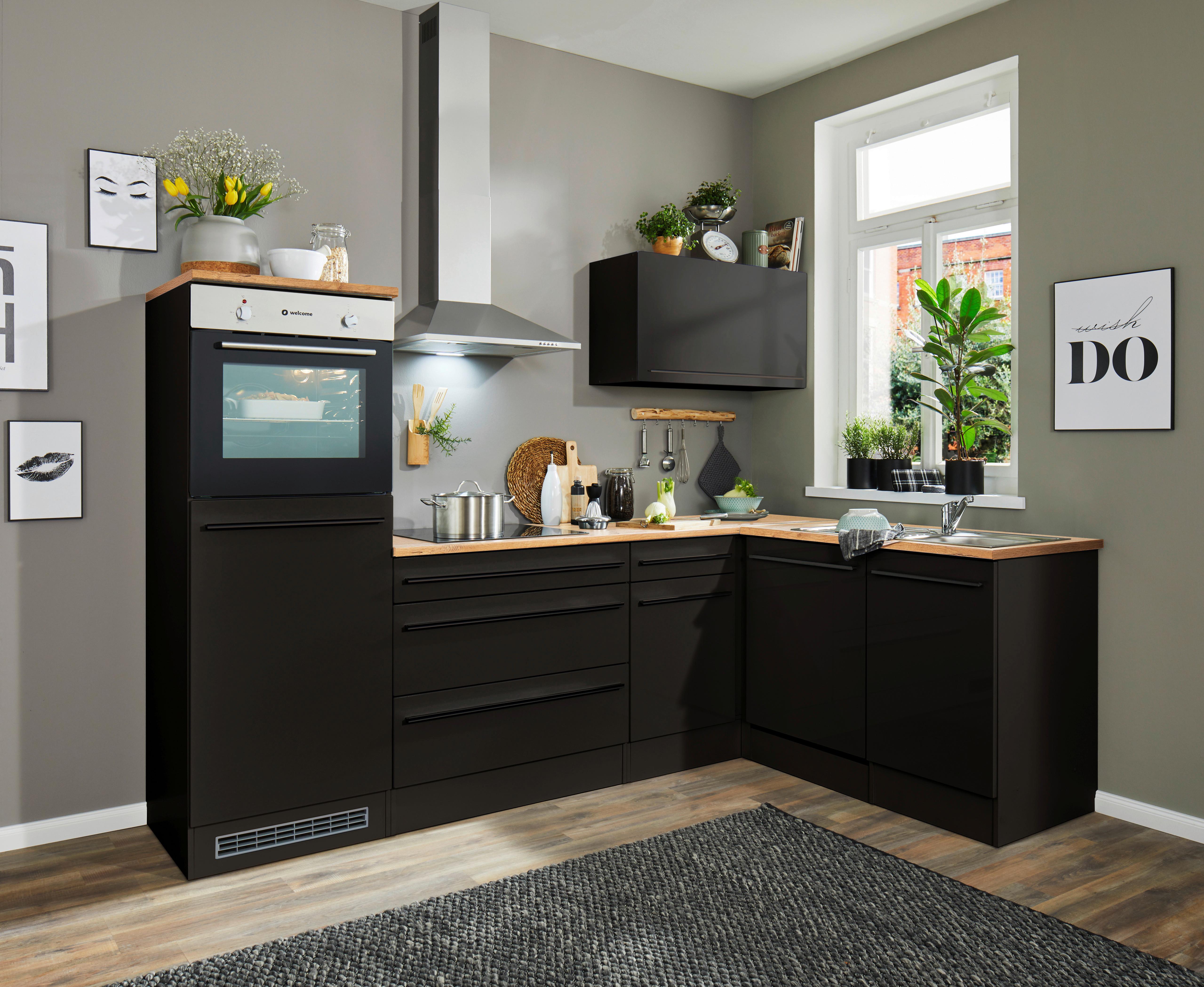 Eckküche Jazz mit Geräten ca.260x175cm Schwarz - Eichefarben/Schwarz, Basics, Holzwerkstoff/Kunststoff (260/175cm) - P & B