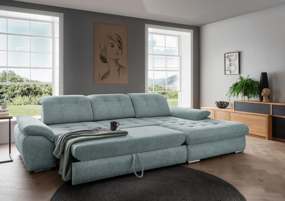 Ecksofa Rigatti mit Bettkasten ca. 314x184 cm Mint - Blau/Chromfarben, MODERN, Textil/Metall (314/184cm) - Livetastic